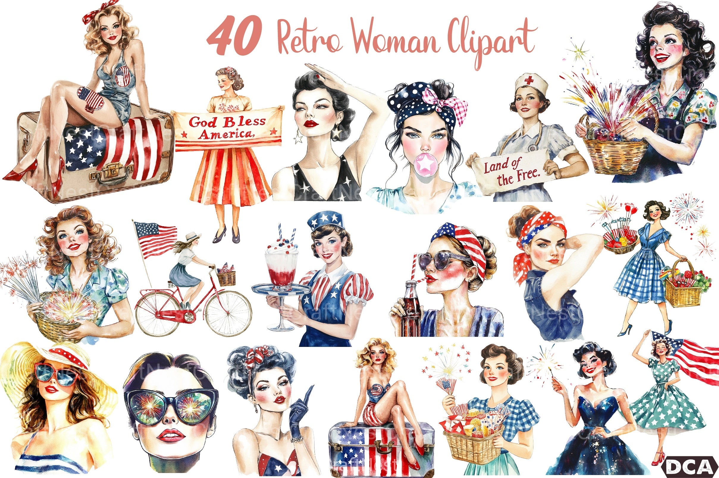 Retro Woman 4th of July Clipart Bundle - CraftNest - Digital Crafting and Art