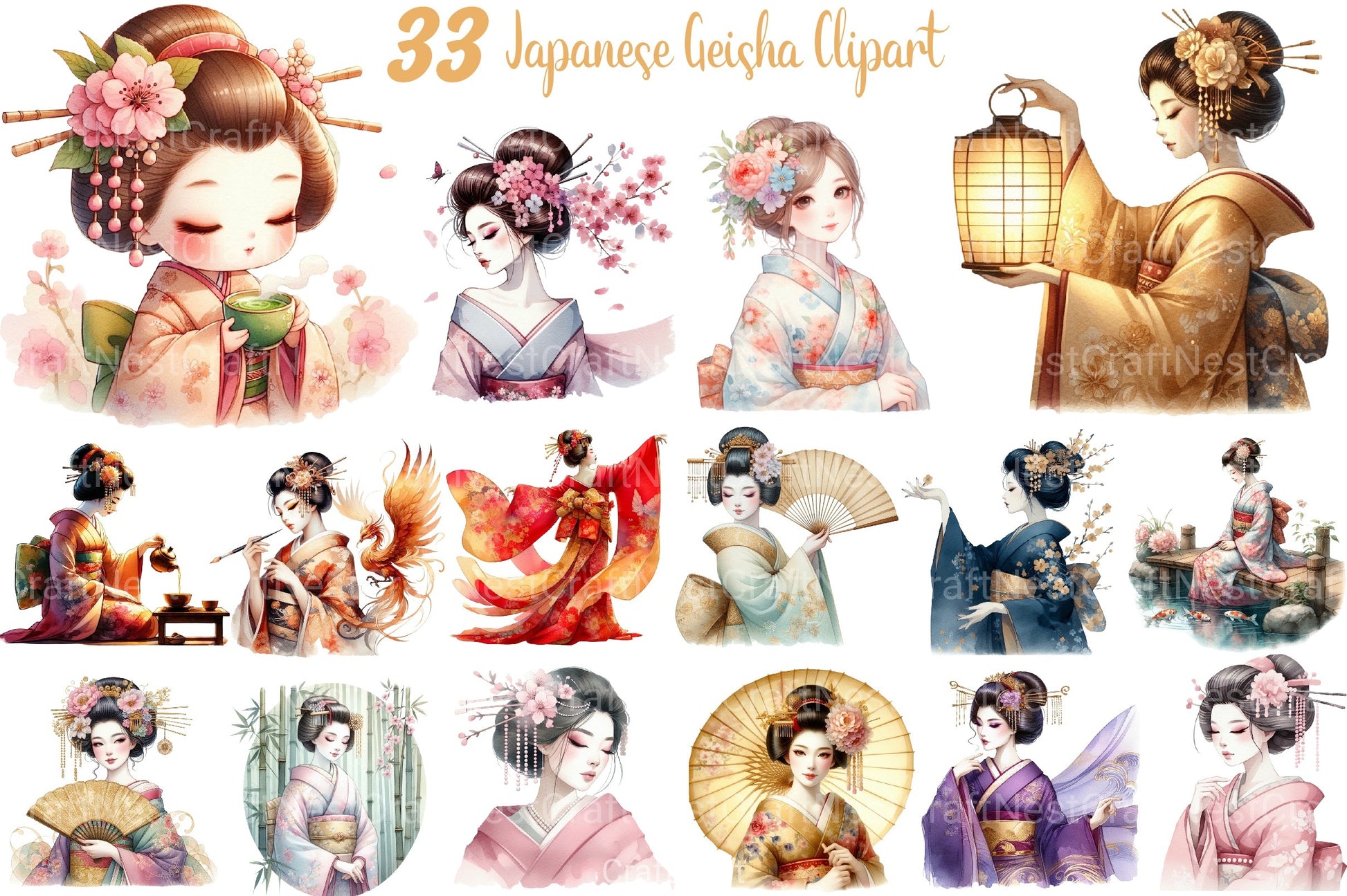 Japanese Geisha Asian Beauty Clipart Bundle - CraftNest - Digital Crafting and Art