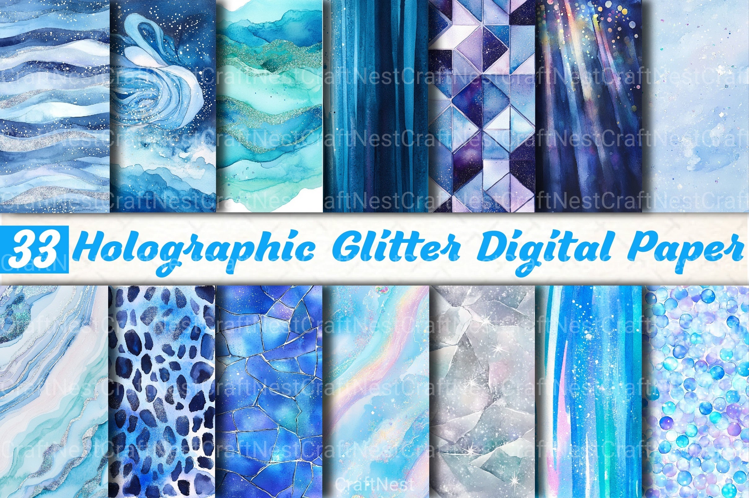 Blue Holographic Glitter Digital Paper - CraftNest - Digital Crafting and Art