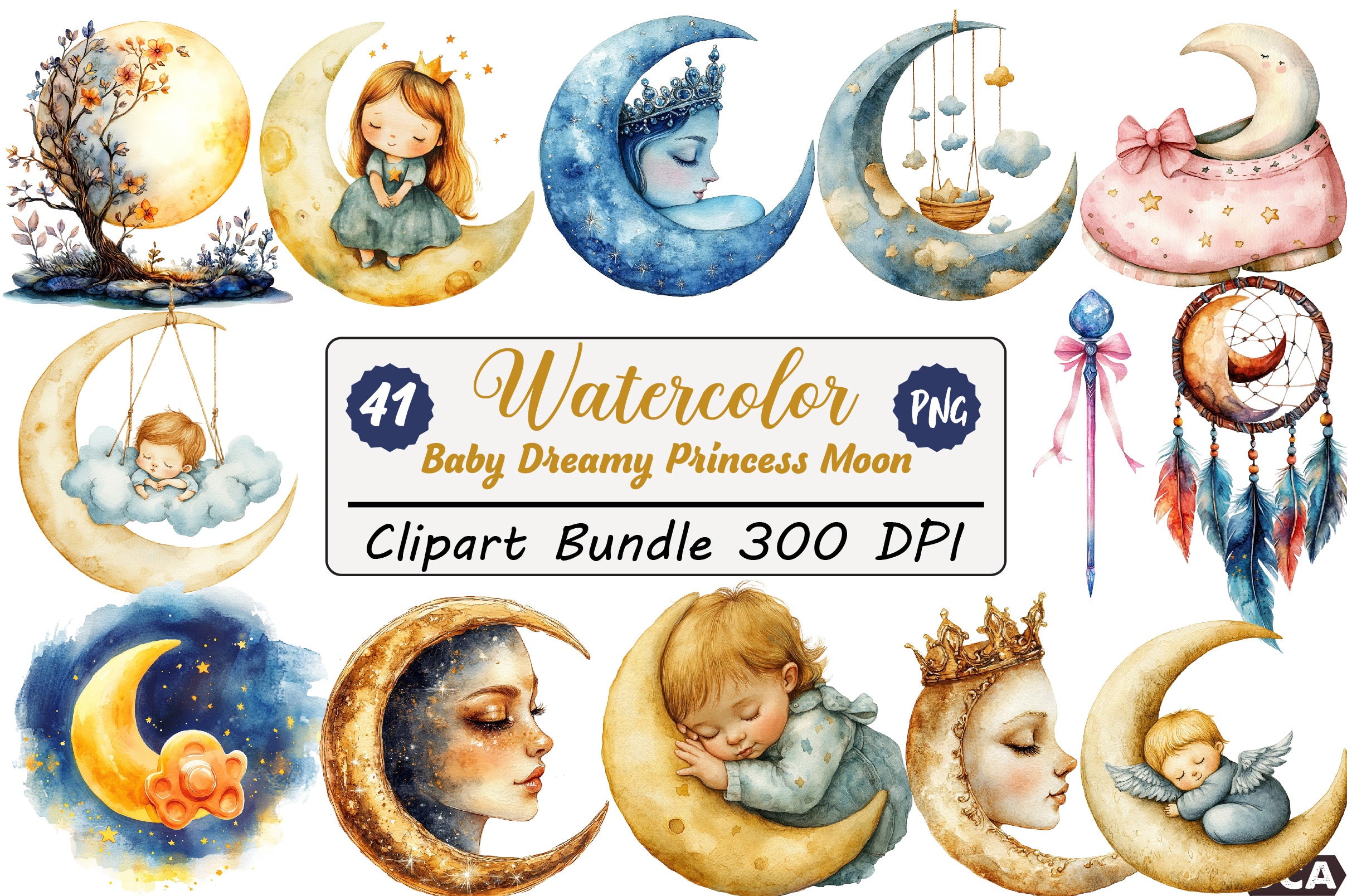 Dreamy Princess Moon Baby Clipart Bundle