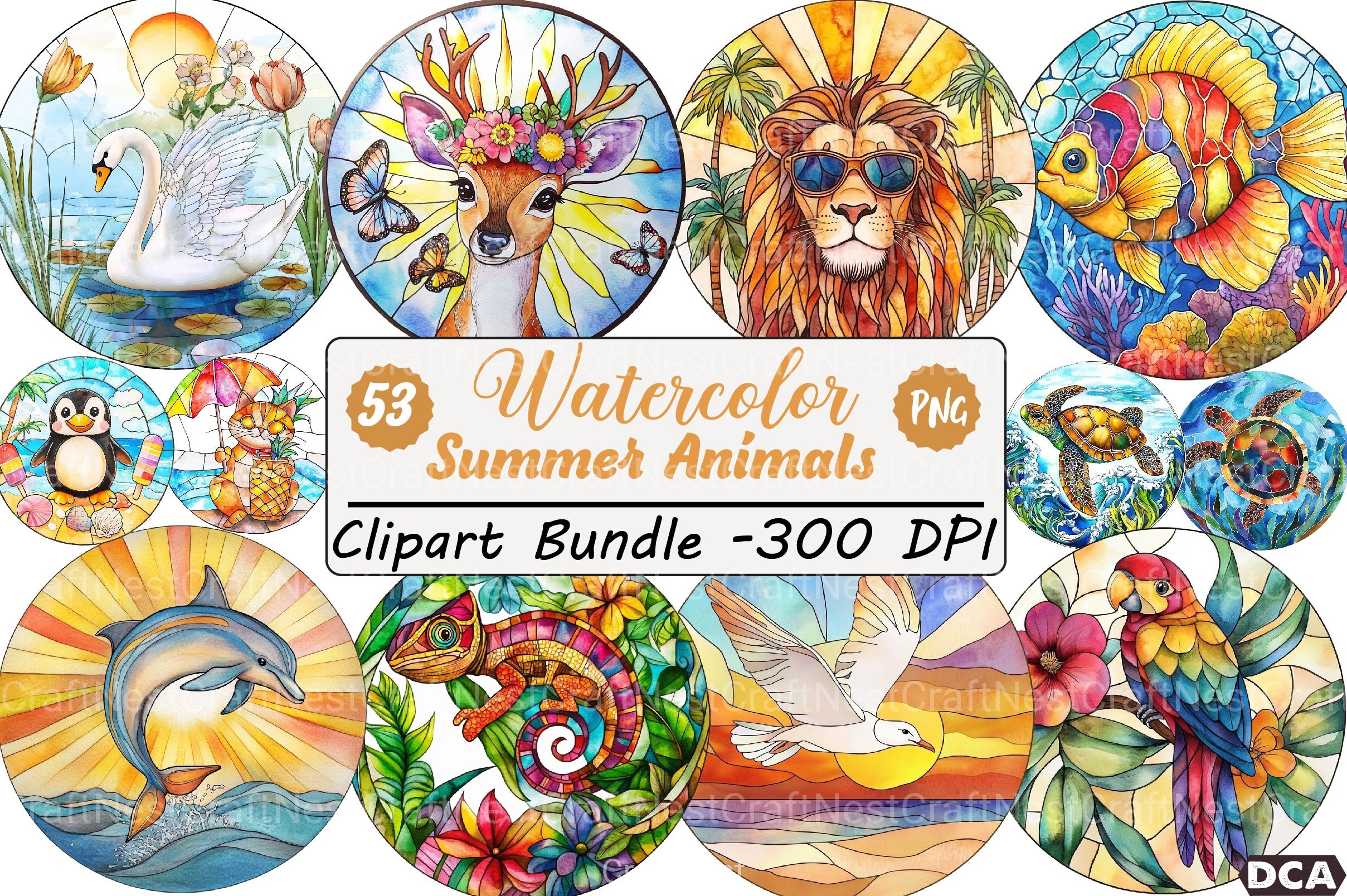 Round Stained Glass Summer Animals Clipart Bundle - CraftNest - Digital Crafting and Art