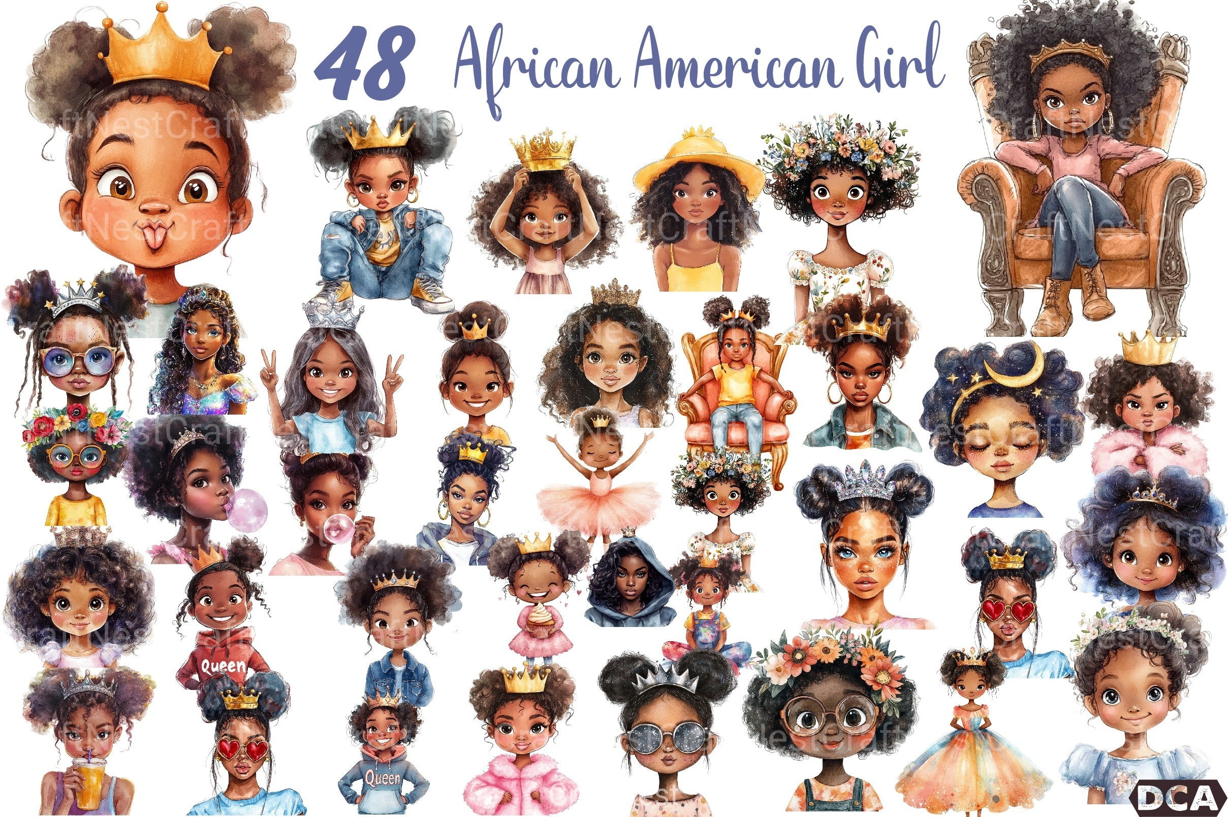Quirky African American Girl Crown Clipart Bundle - CraftNest - Digital Crafting and Art