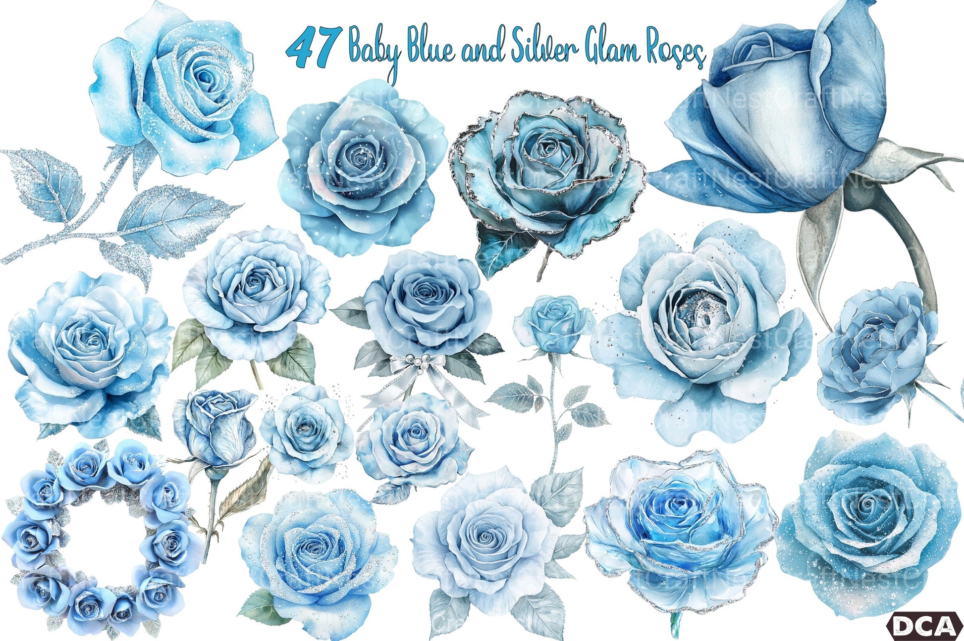 Baby Blue & Silver Glam Roses Clipart Bundle - CraftNest - Digital Crafting and Art