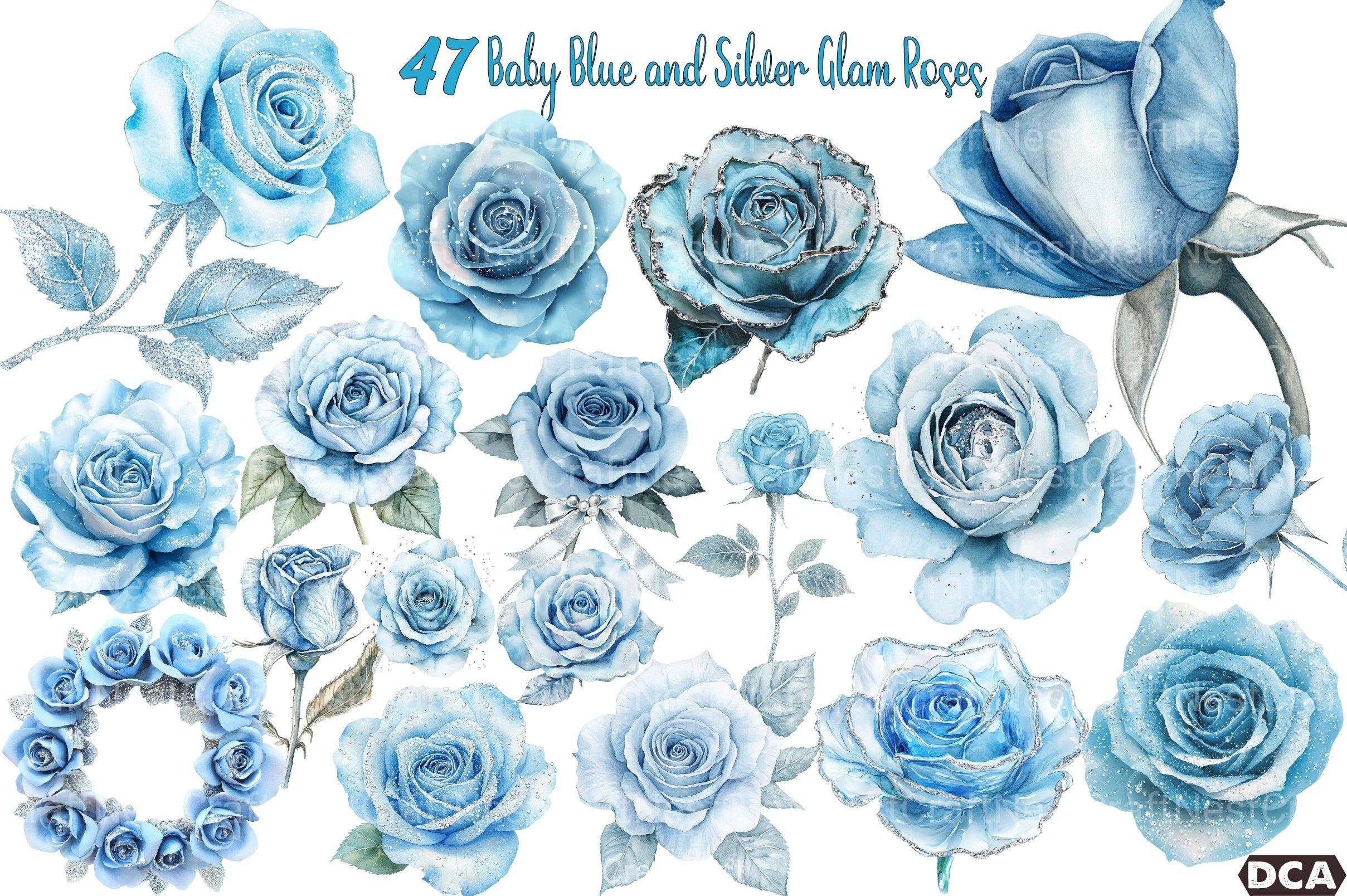 Baby Blue & Silver Glam Roses Clipart Bundle - CraftNest - Digital Crafting and Art