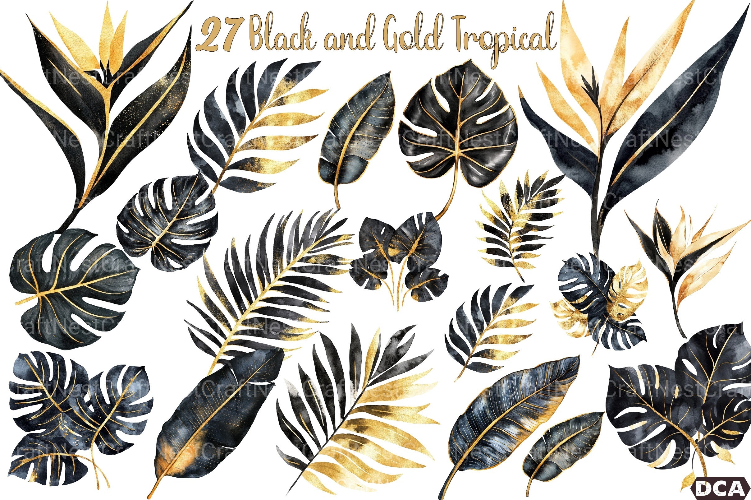 Black and Gold Tropical Clipart Bundle - CraftNest - Digital Crafting and Art