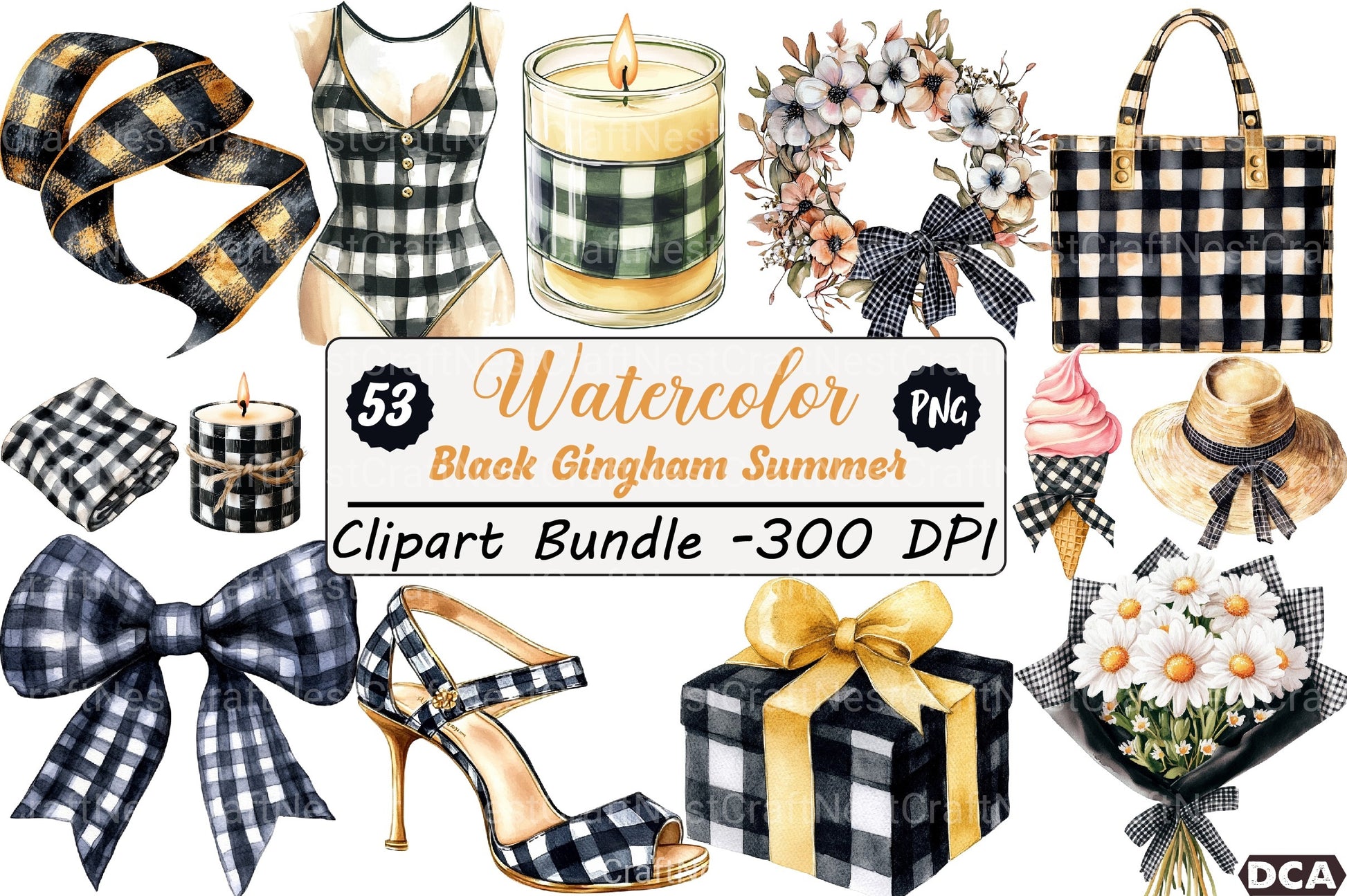 Luxury Black Gingham Summer Clipart Bundle 99 - CraftNest - Digital Crafting and Art