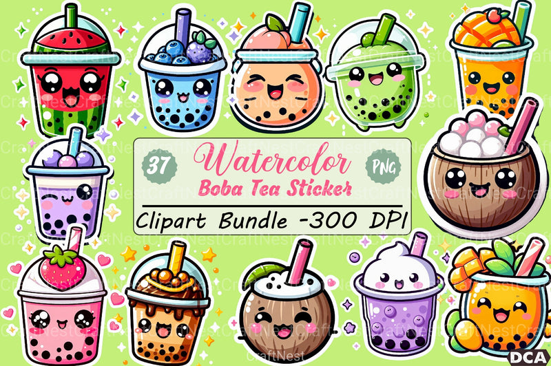 Boba Tea Sticker Clipart Bundle - CraftNest - Digital Crafting and Art
