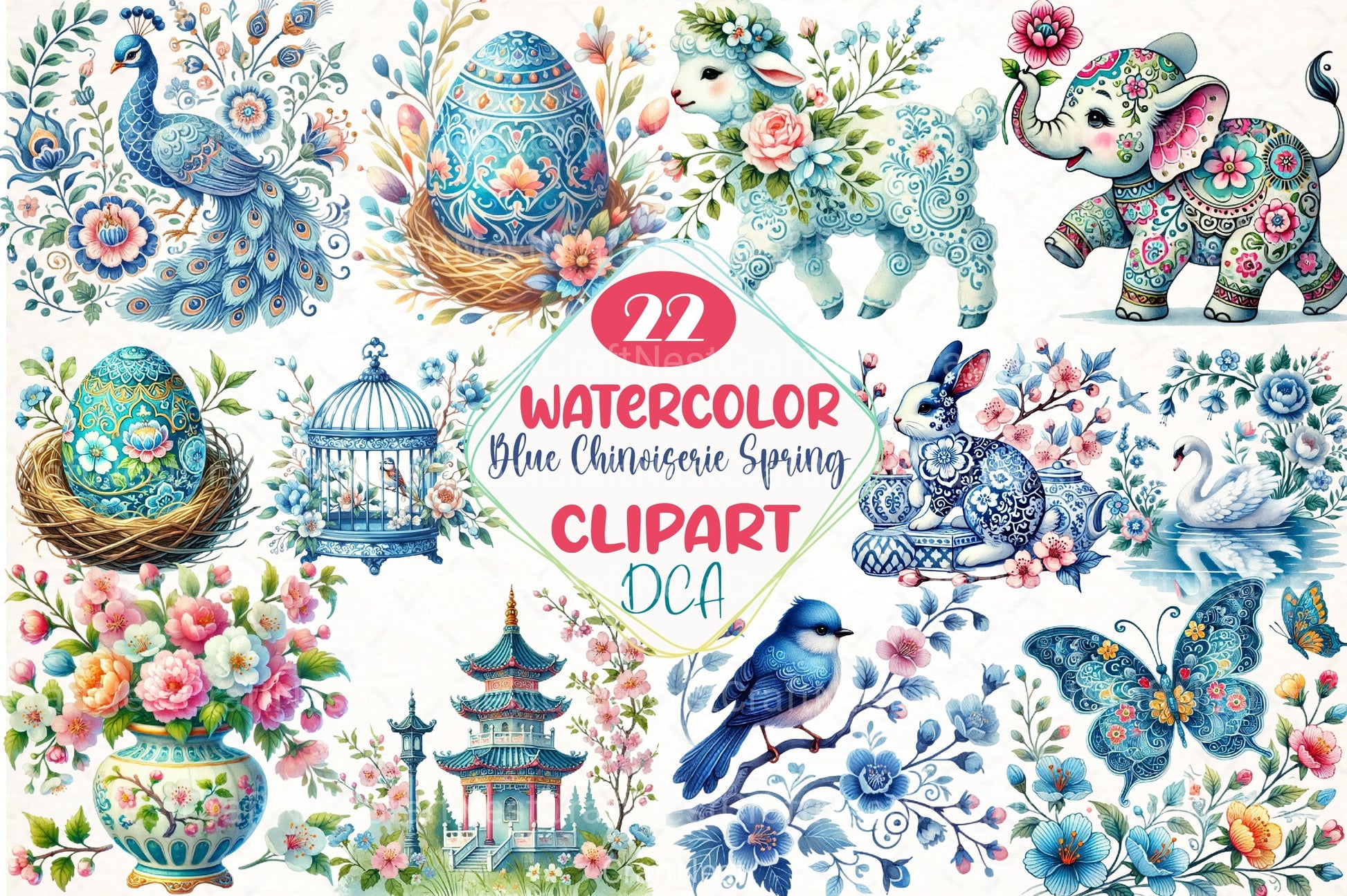 Blue Chinoiserie Spring Clipart Bundle - CraftNest - Digital Crafting and Art