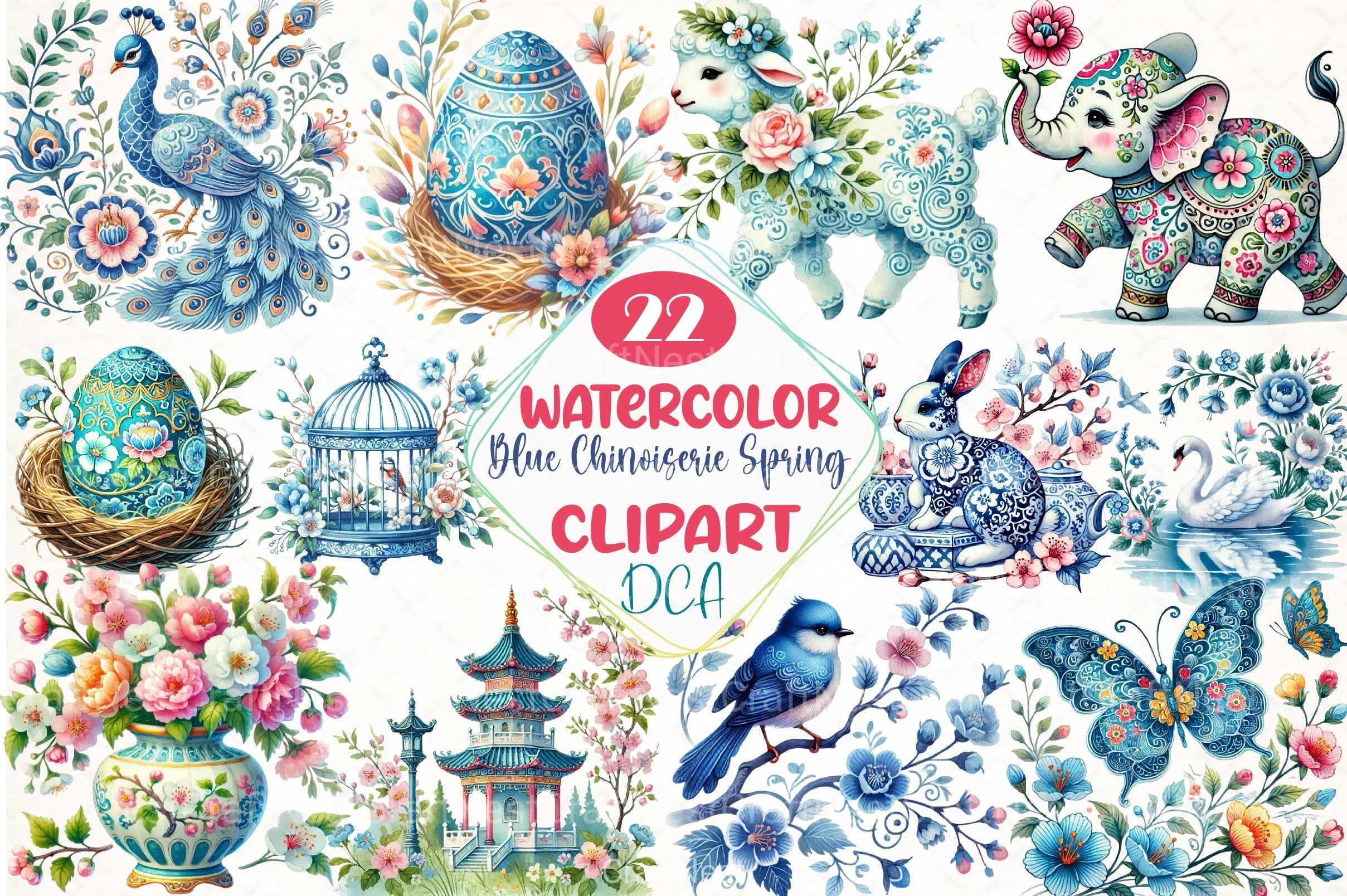 Blue Chinoiserie Spring Clipart Bundle - CraftNest - Digital Crafting and Art