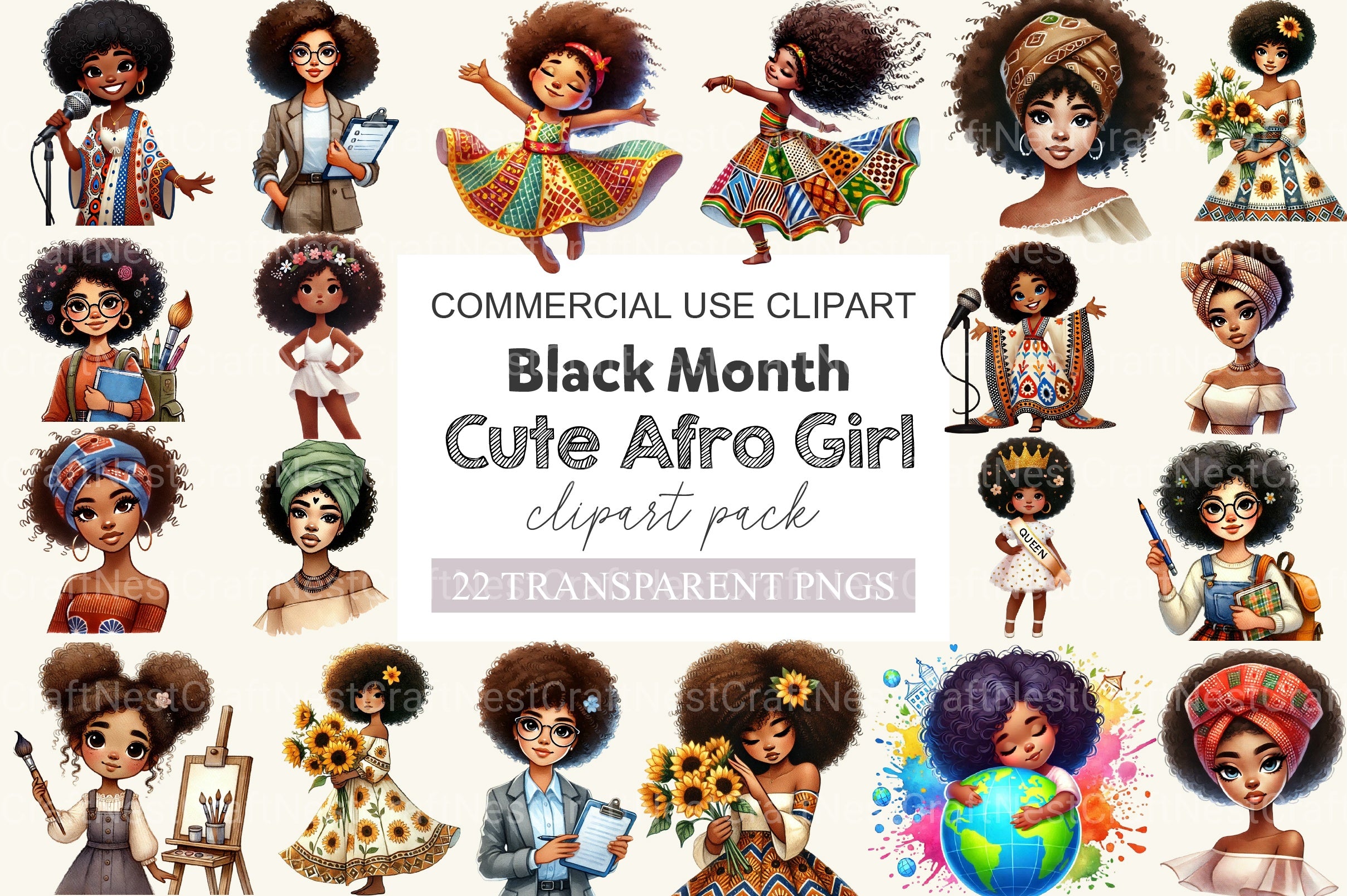 Black History Month Afro Girl Clipart Bundle 3 - CraftNest - Digital Crafting and Art