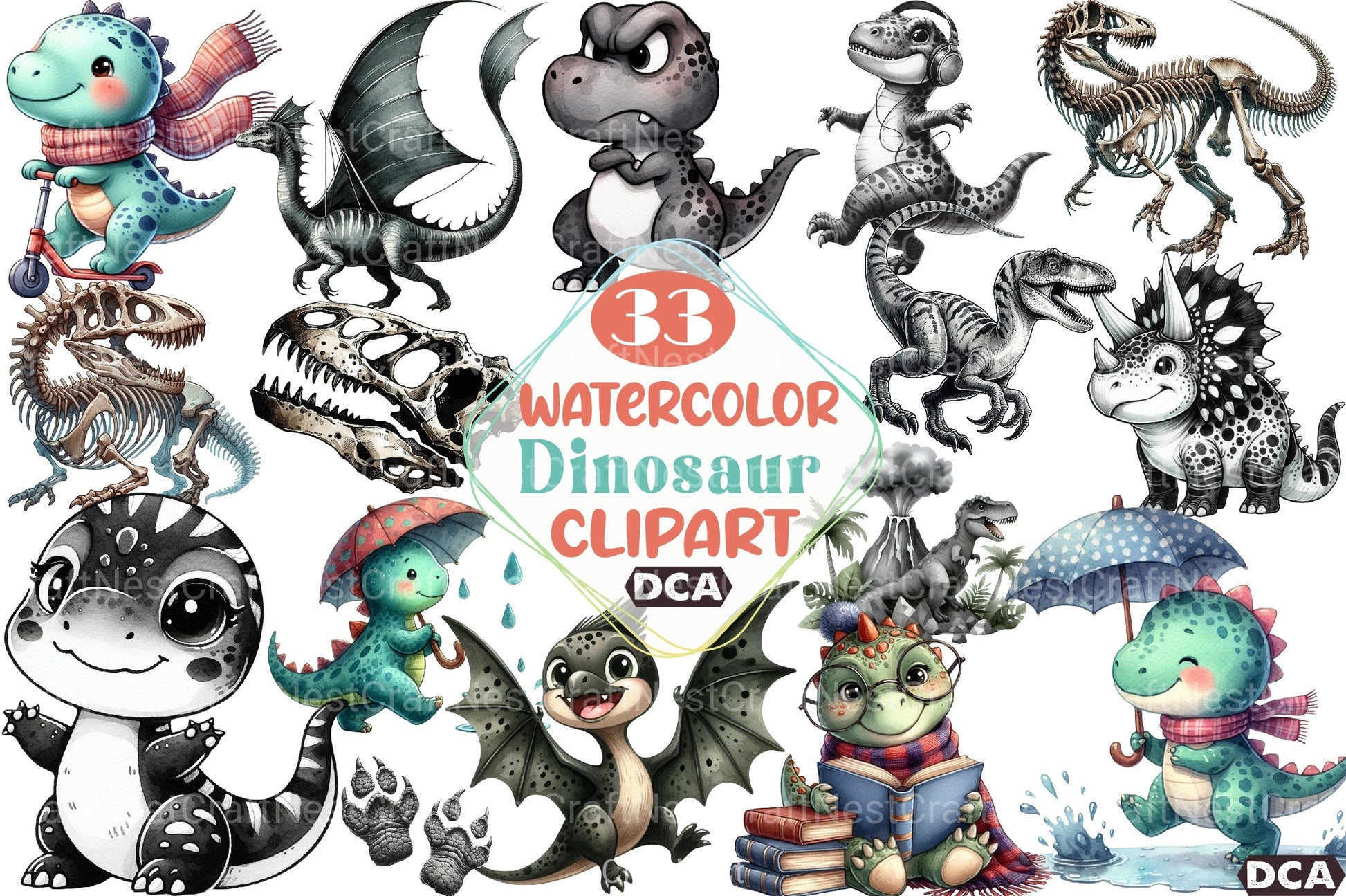 Dinosaur Black and White Clipart Bundle - CraftNest - Digital Crafting and Art