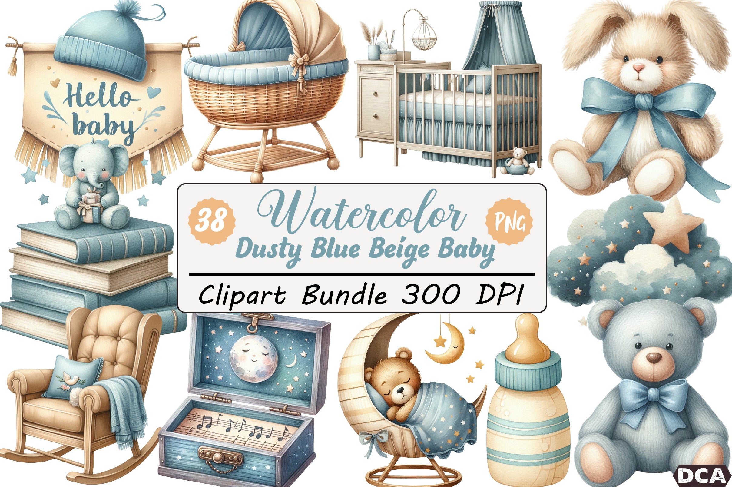 Dusty Blue Beige Baby Nursery Clipart Bundle