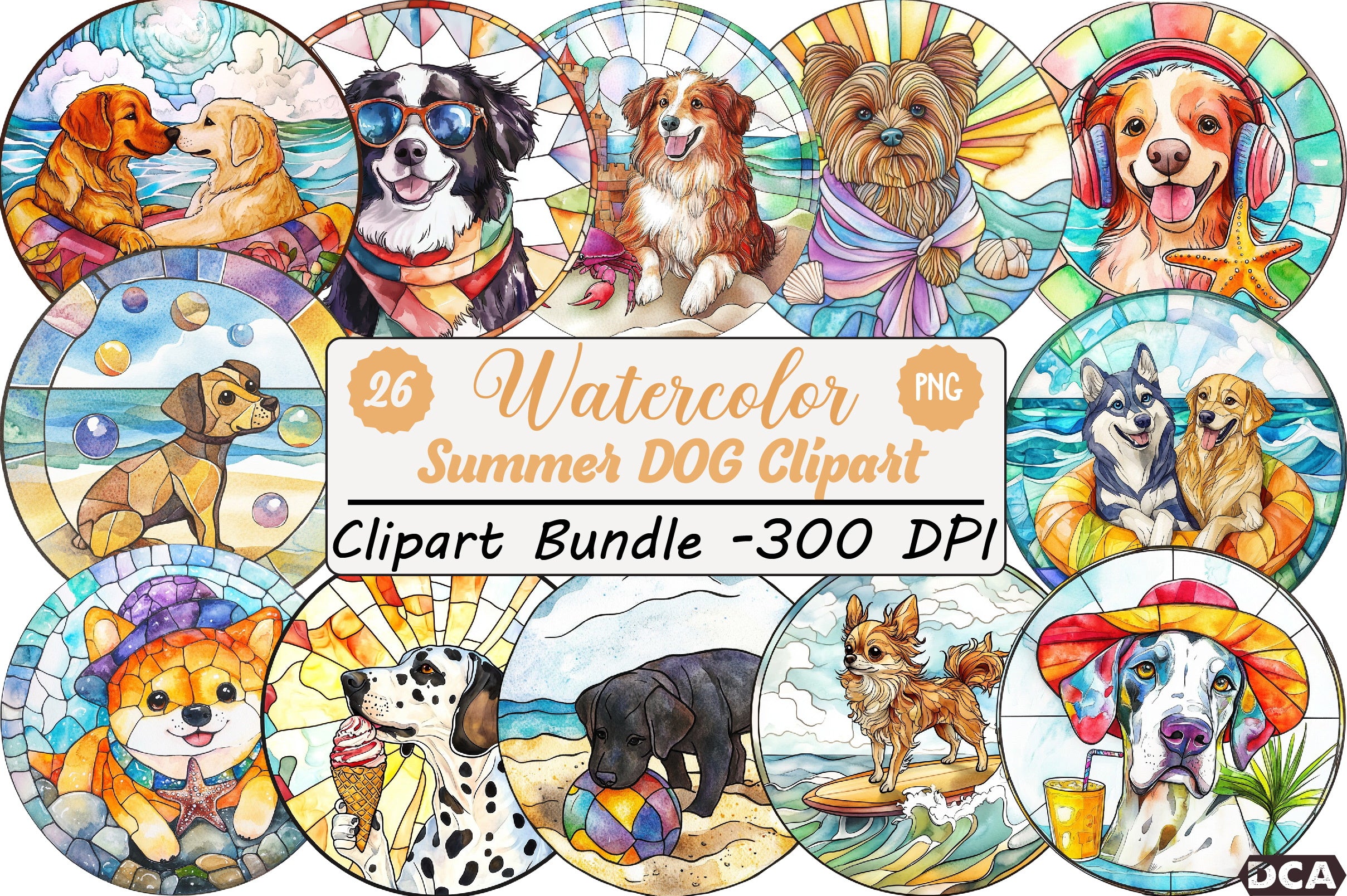 Round Stained Glass Summer Dog Clipart Bundle