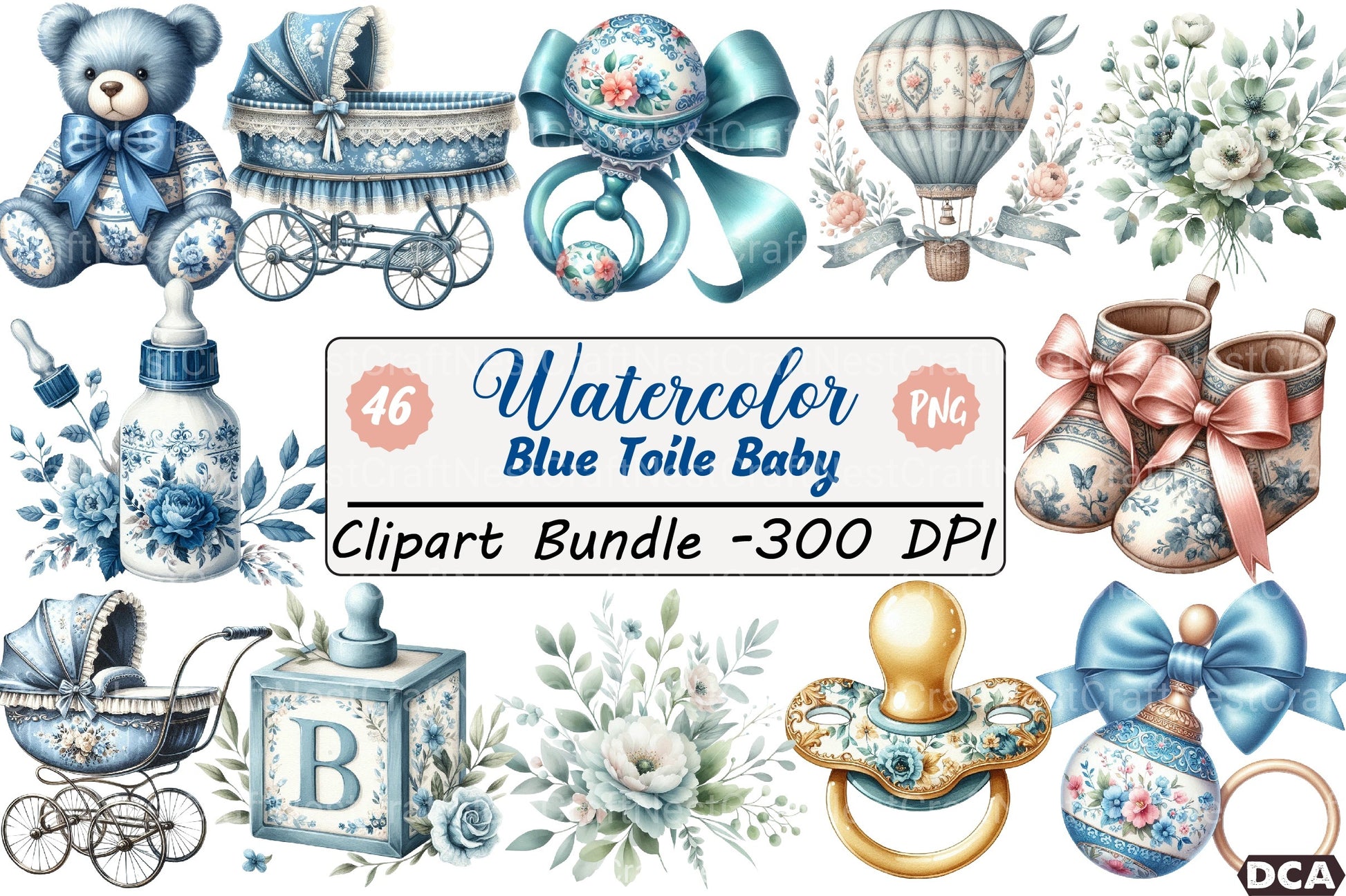 Blue Toile Baby Clipart Bundle - CraftNest - Digital Crafting and Art