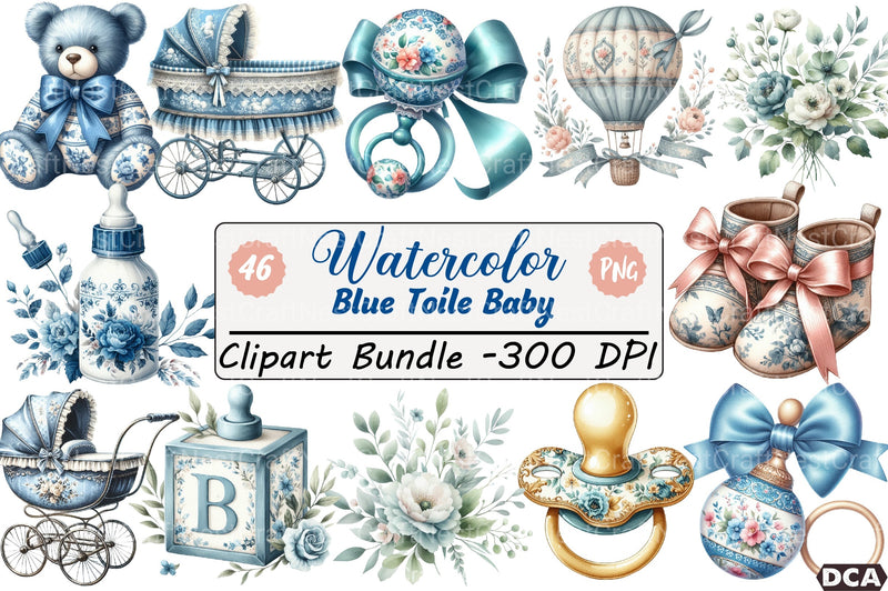 Blue Toile Baby Clipart Bundle - CraftNest - Digital Crafting and Art
