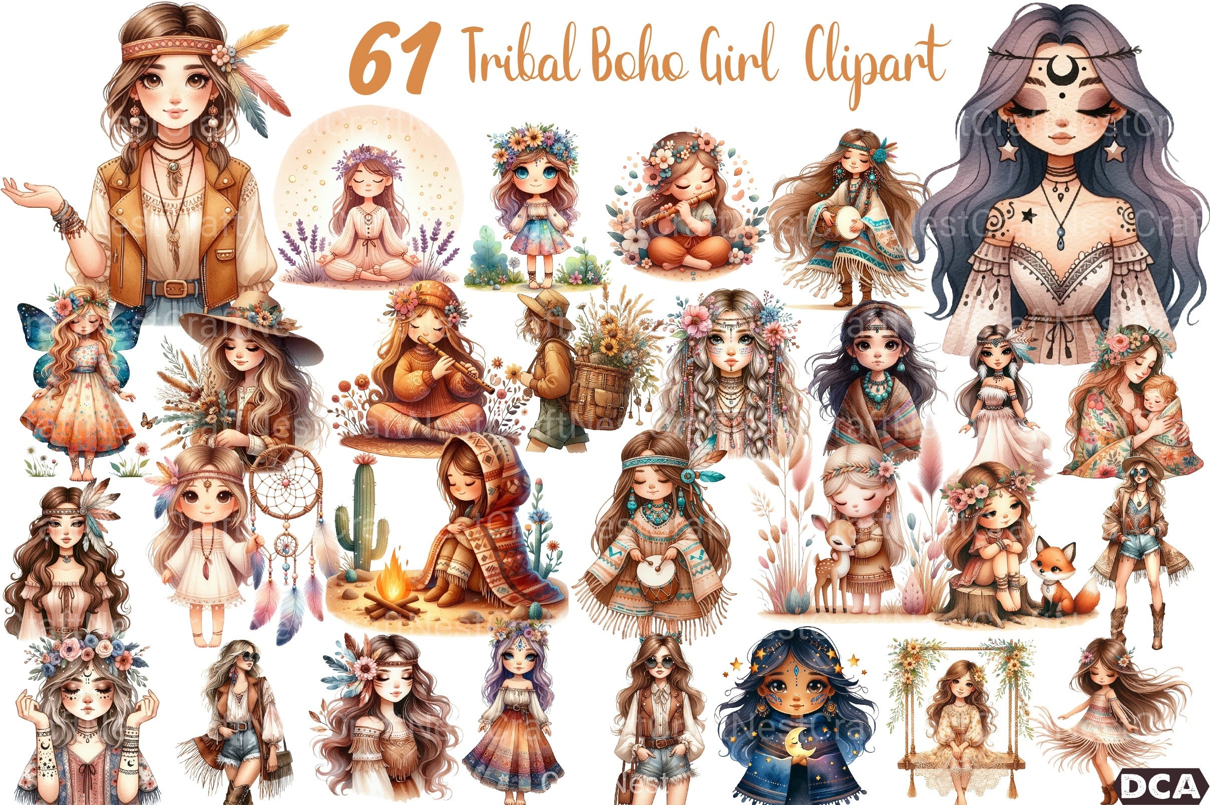 Tribal Boho Girl Clipart Bundle 14 - CraftNest - Digital Crafting and Art