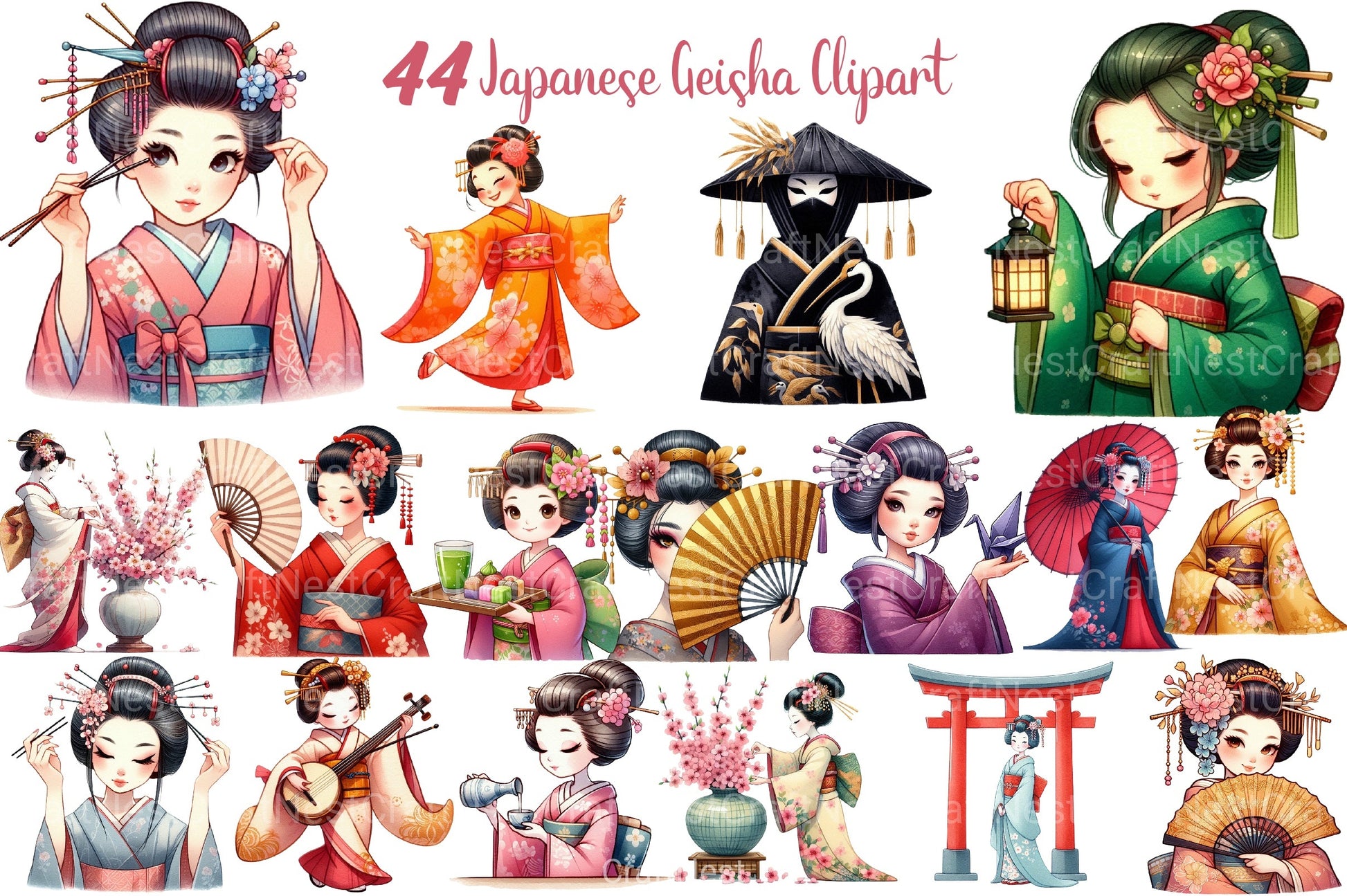 Japanese Geisha Clipart Bundle - CraftNest - Digital Crafting and Art