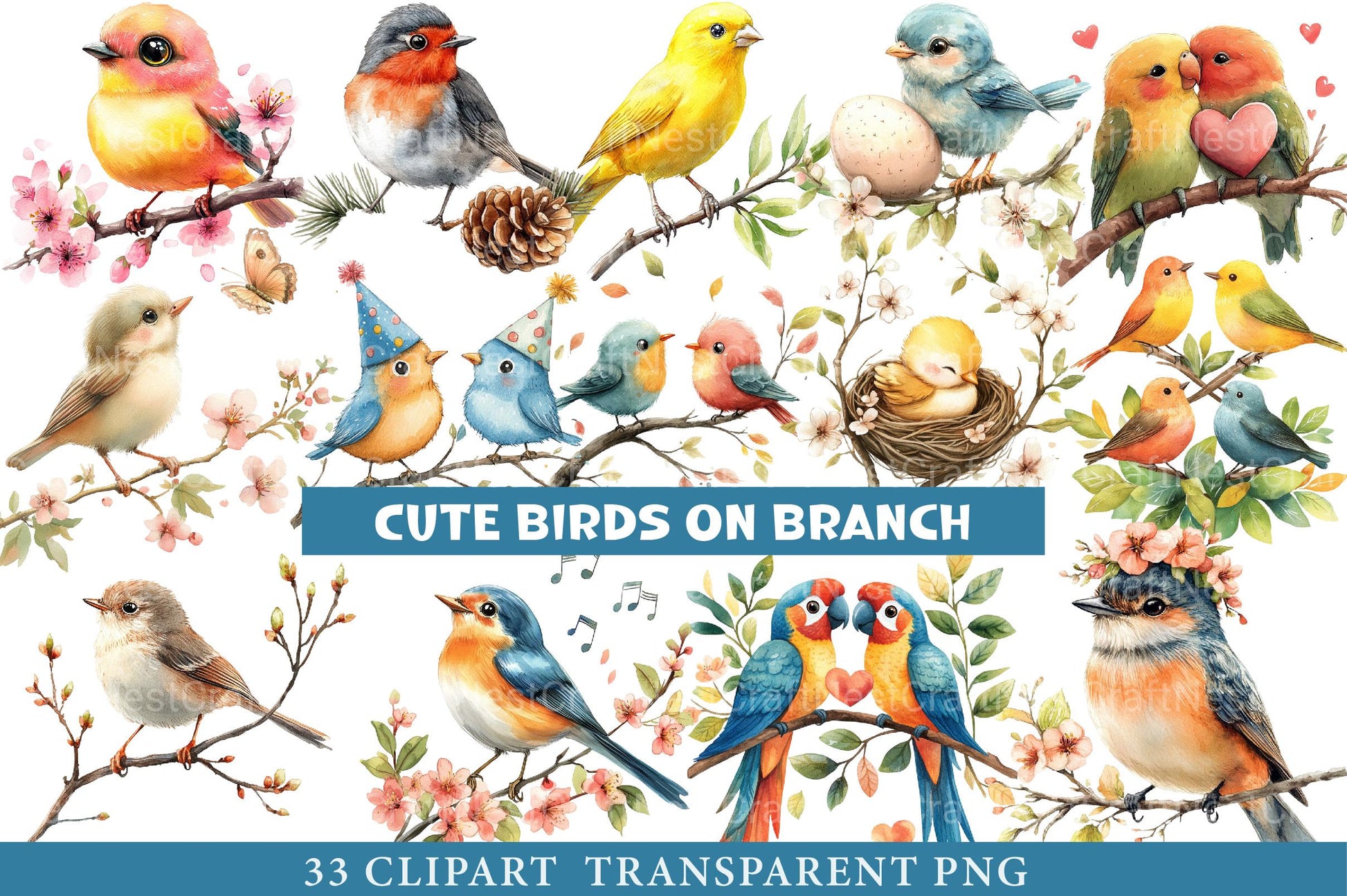 Cute Birds on Branch Clipart - CraftNest - Digital Crafting and Art