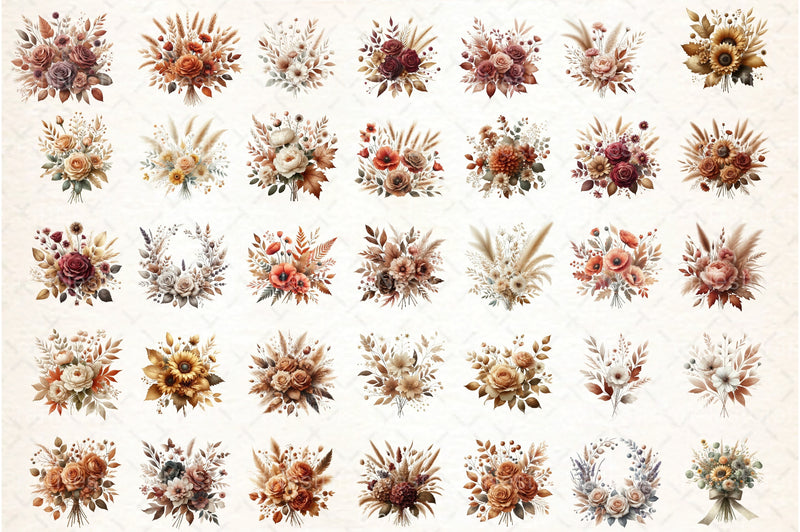 Fall Boho Bouquet Flower Clipart Bundle - CraftNest - Digital Crafting and Art