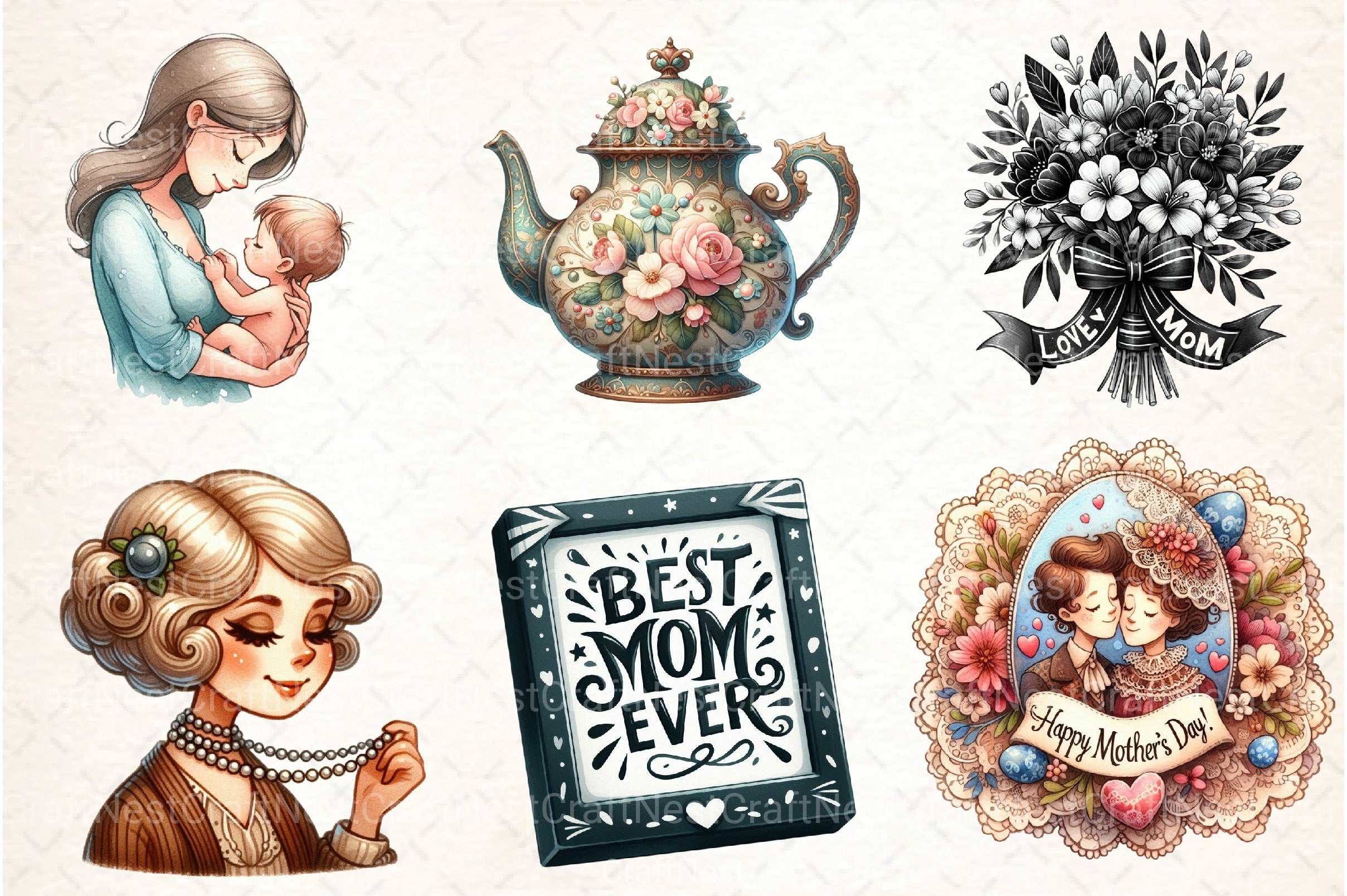 Black and White Mother's Day Clipart Bundle - CraftNest - Digital Crafting and Art