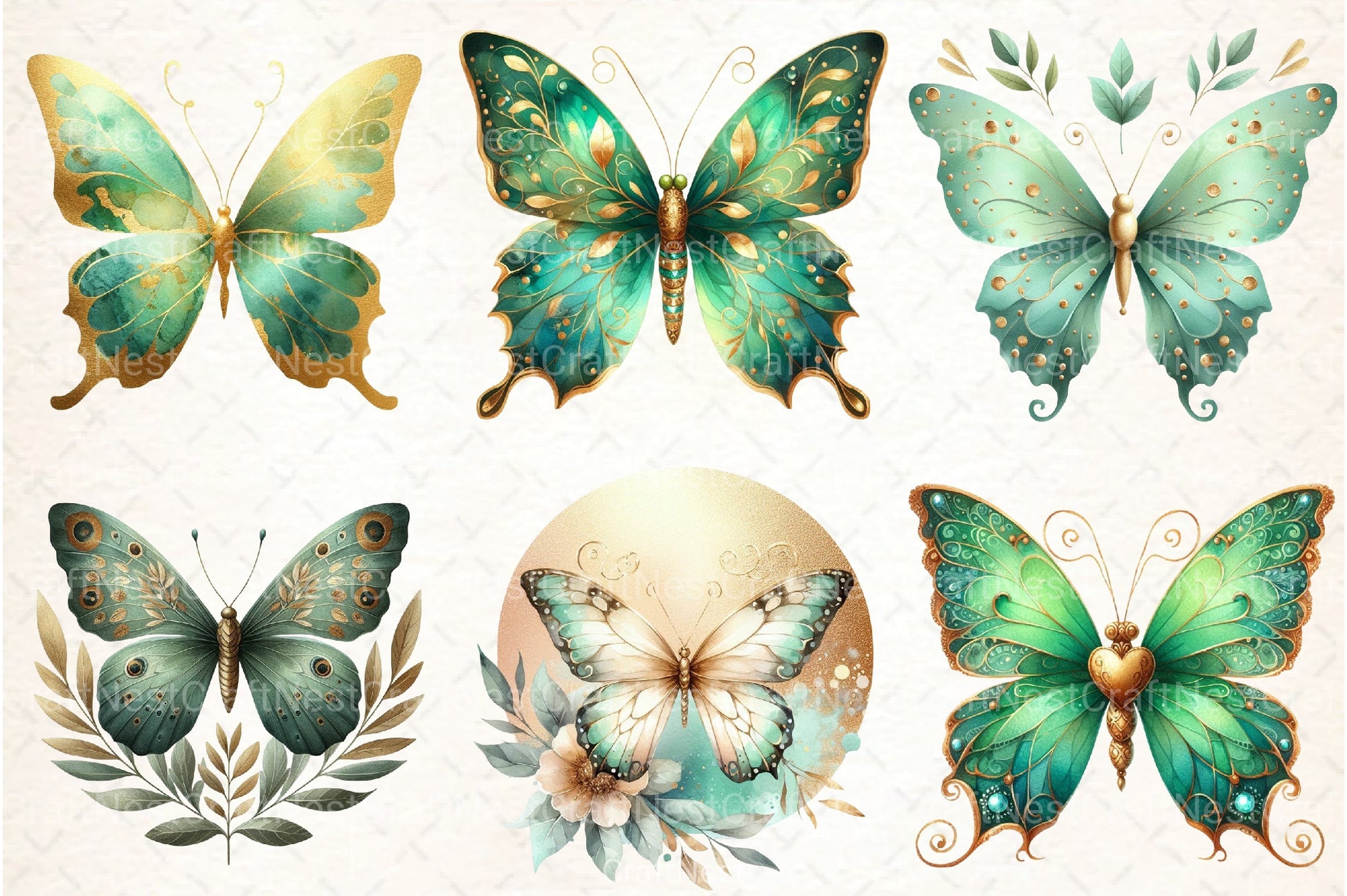 Green Gold Butterflies Clipart Bundle - CraftNest - Digital Crafting and Art