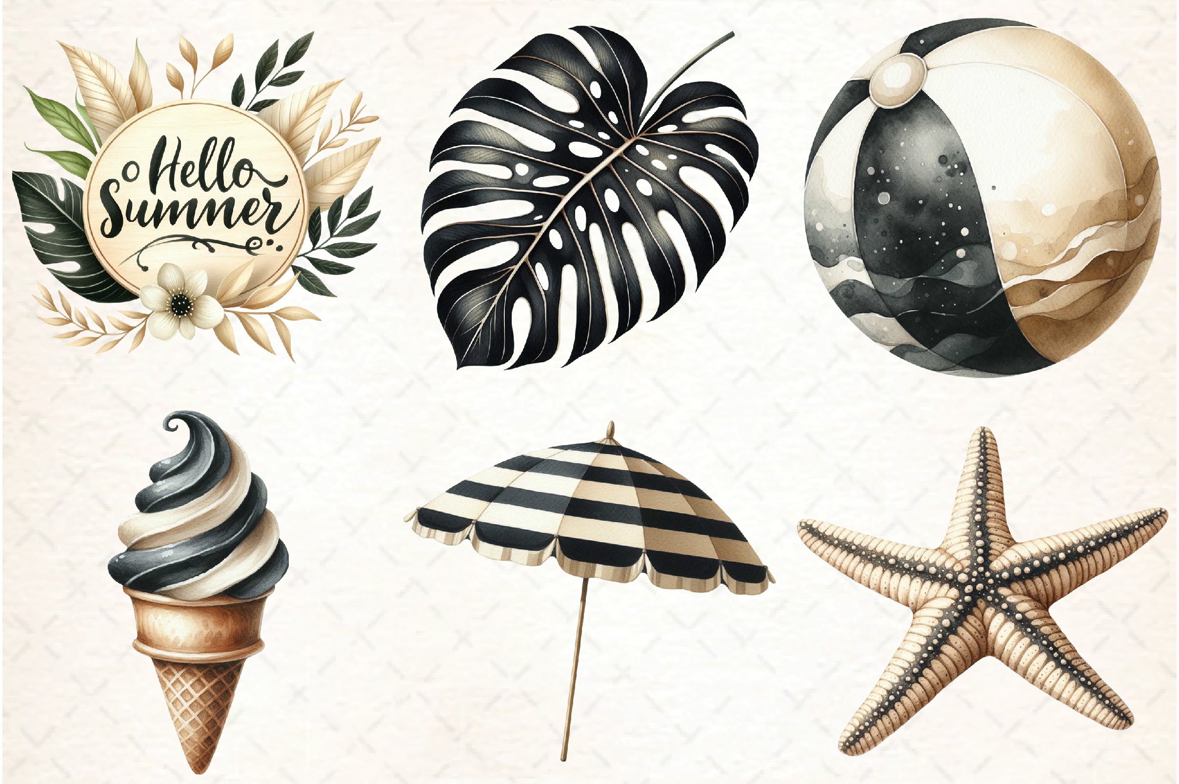 Ivory and Black Hello Summer Clipart Bundle