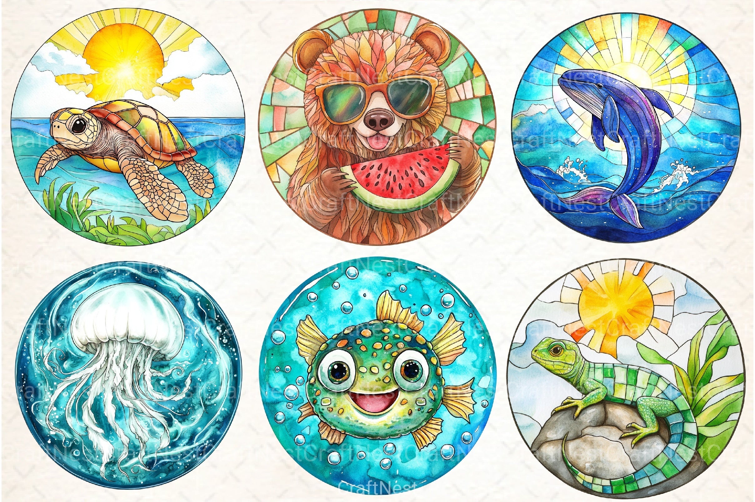 Round Stained Glass Summer Animals Clipart Bundle - CraftNest - Digital Crafting and Art