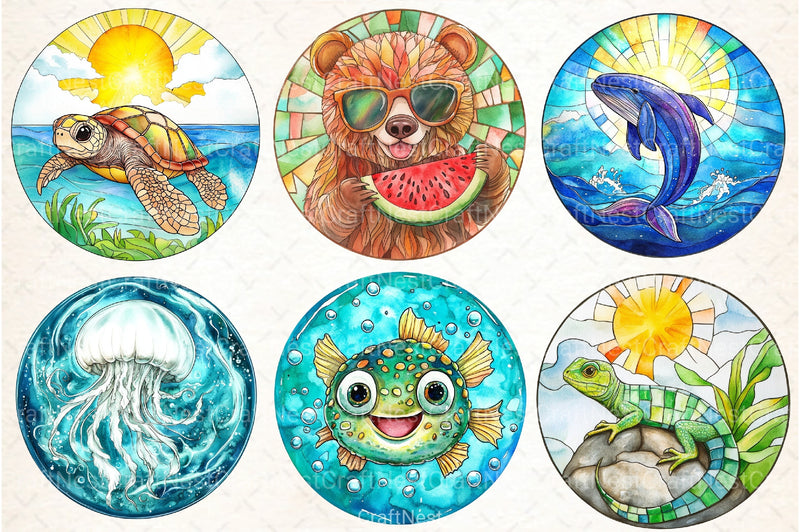 Round Stained Glass Summer Animals Clipart Bundle - CraftNest - Digital Crafting and Art