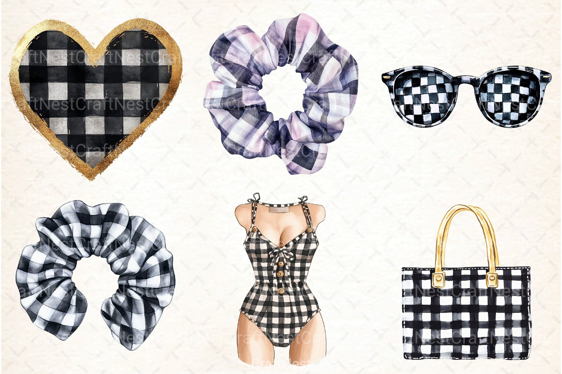 Luxury Black Gingham Summer Clipart Bundle 99 - CraftNest - Digital Crafting and Art