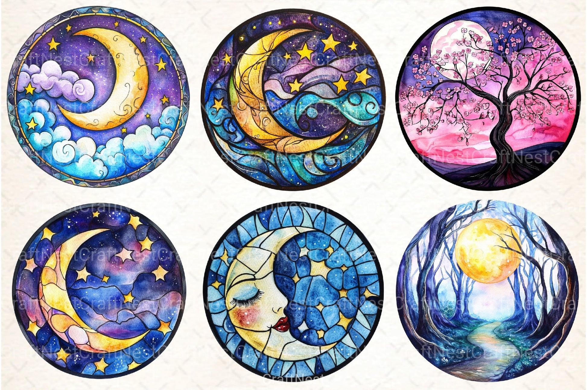 Round Moonlit Nights Stained Glass Clipart Bundle 4 - CraftNest - Digital Crafting and Art