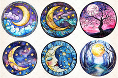 Round Moonlit Nights Stained Glass Clipart Bundle 4 - CraftNest - Digital Crafting and Art