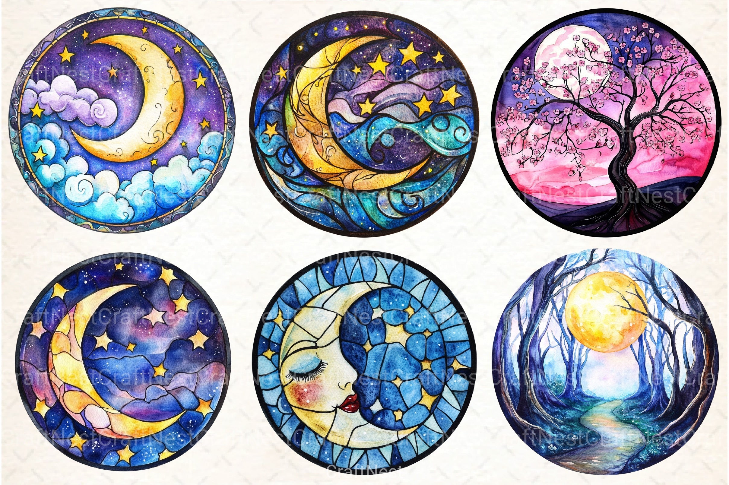 Round Moonlit Nights Stained Glass Clipart Bundle 4 - CraftNest - Digital Crafting and Art