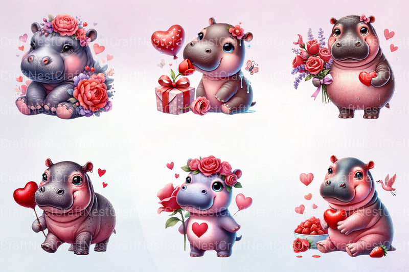 Valentine Hippo Clipart Bundle - CraftNest - Digital Crafting and Art