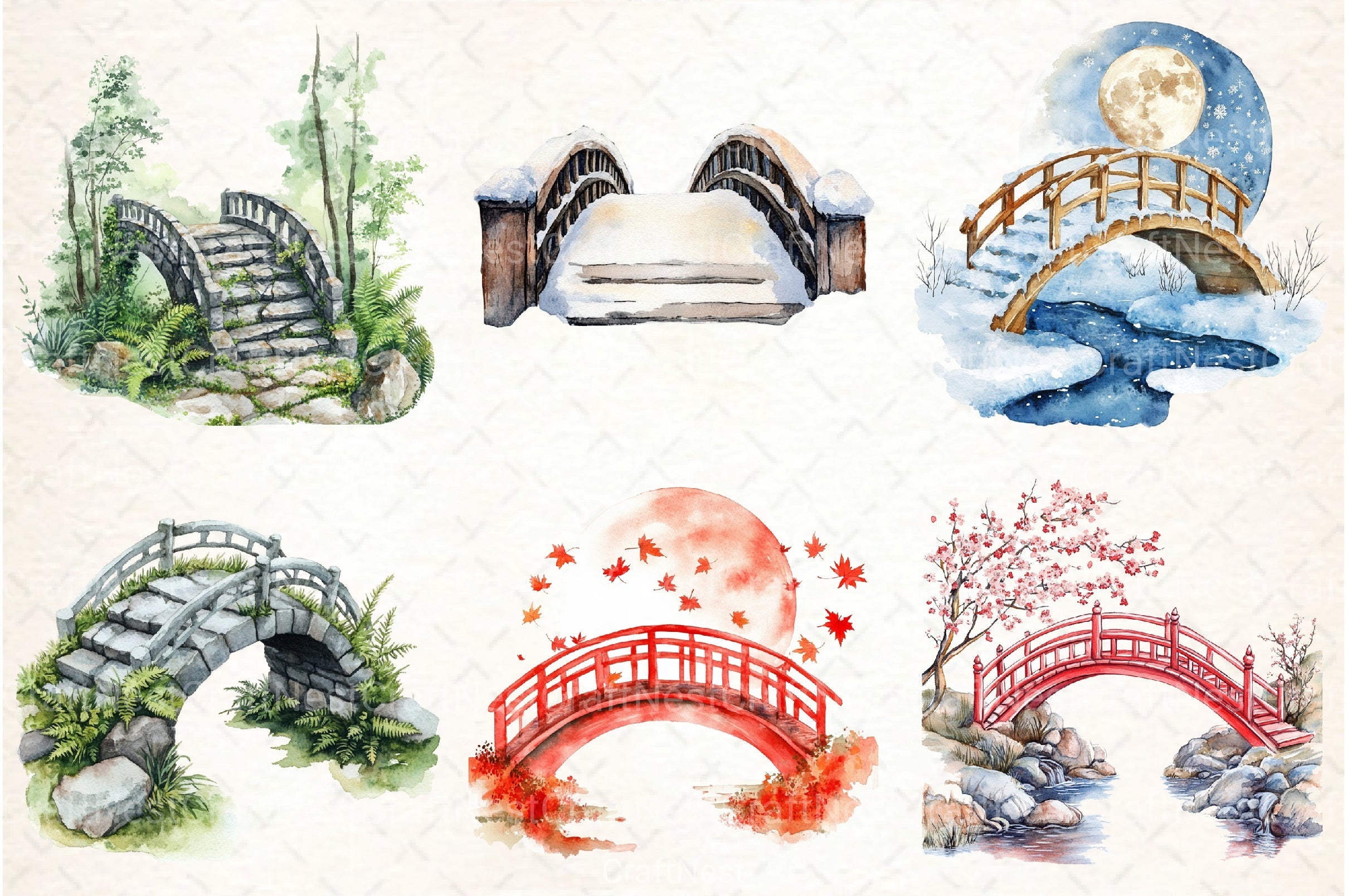Serene Japanese Moon Bridge Clipart Bundle - CraftNest - Digital Crafting and Art