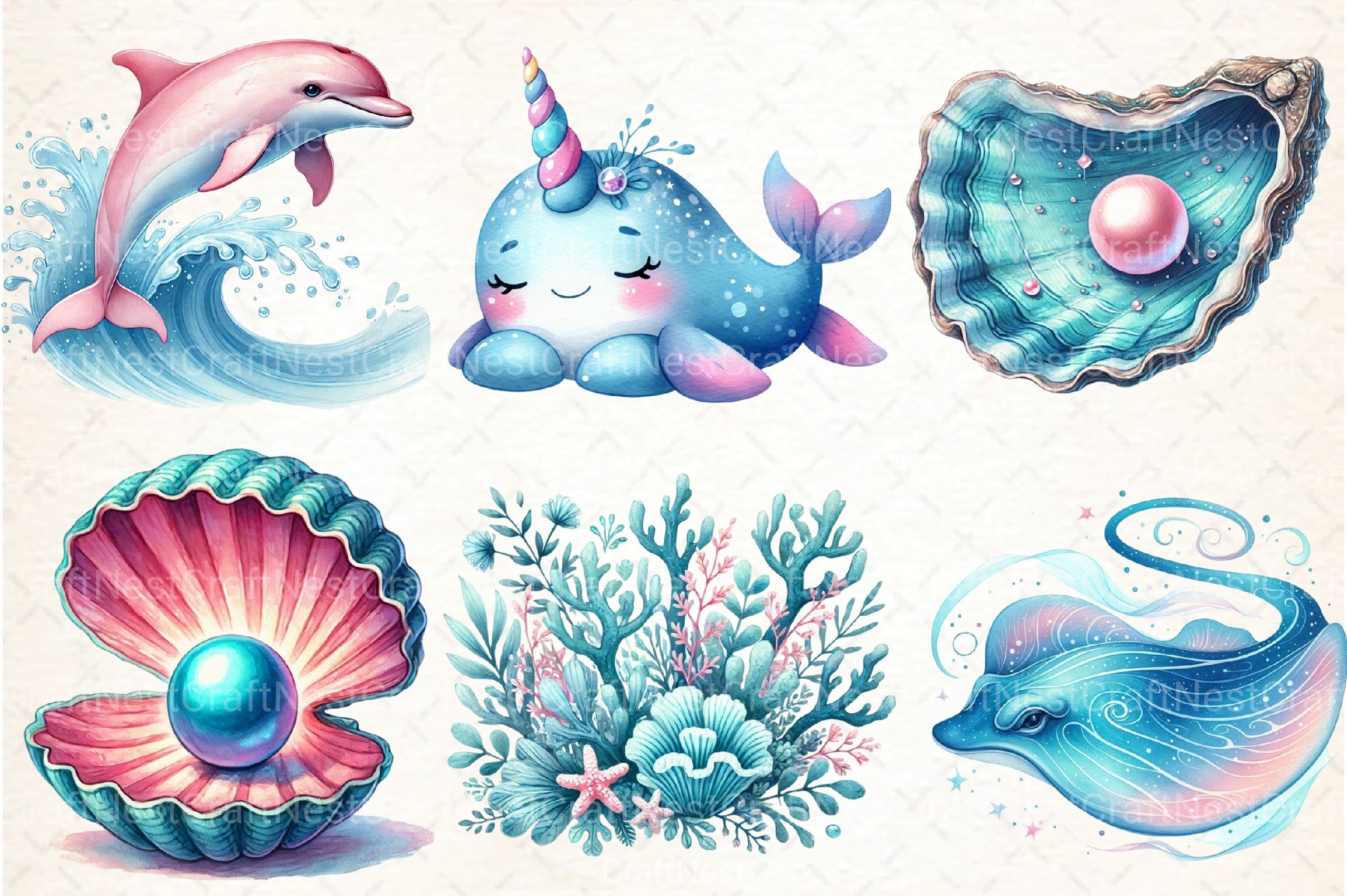 Blue & Pink Sea Life Clipart Bundle - CraftNest - Digital Crafting and Art