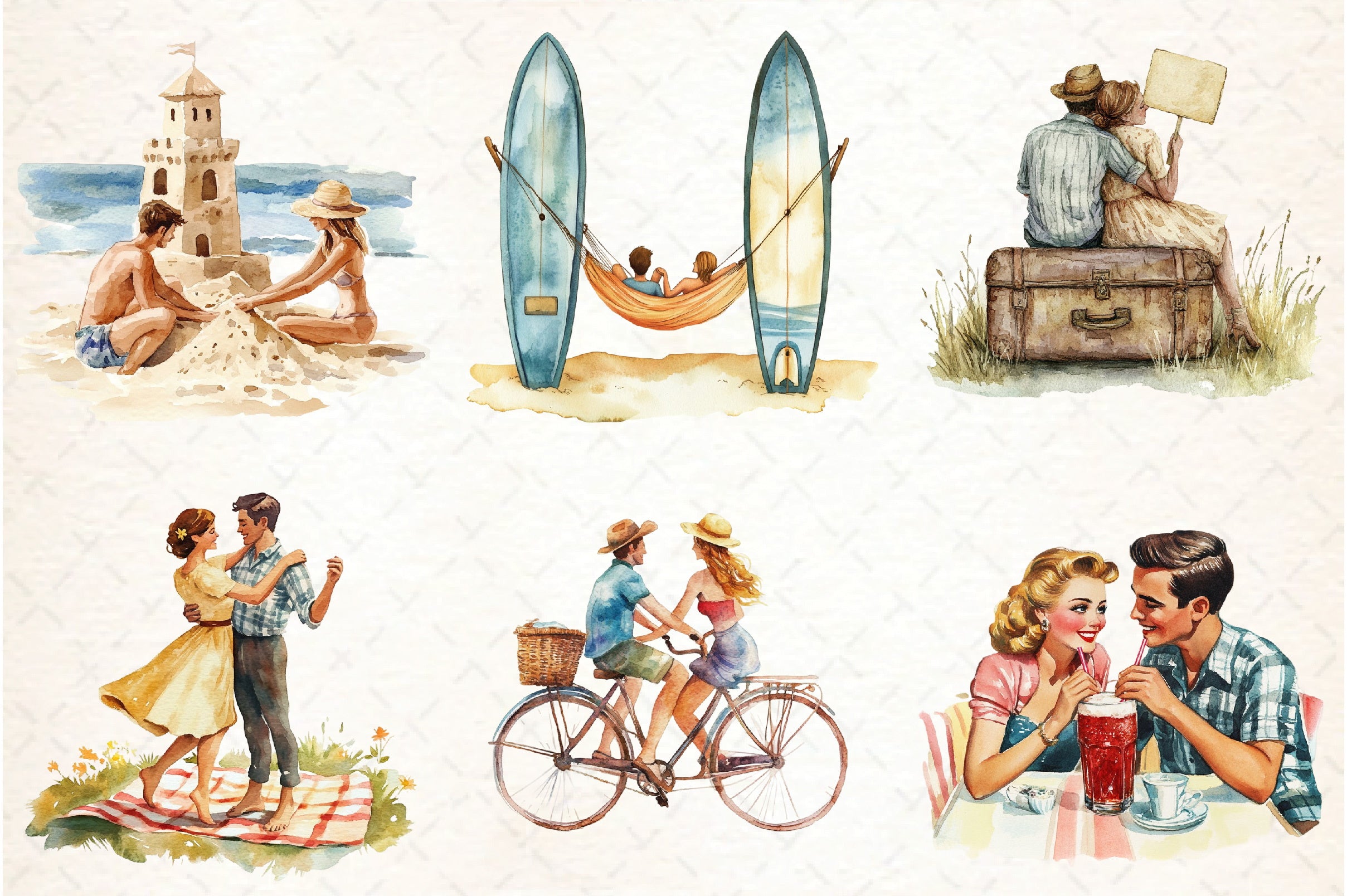 Vintage Summer Couple Clipart Bundle