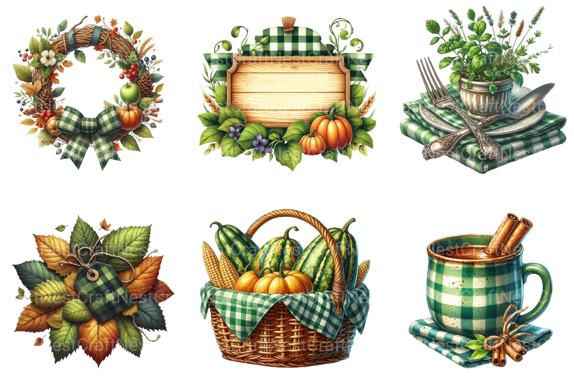 Green Gingham Autumn Clipart - CraftNest - Digital Crafting and Art