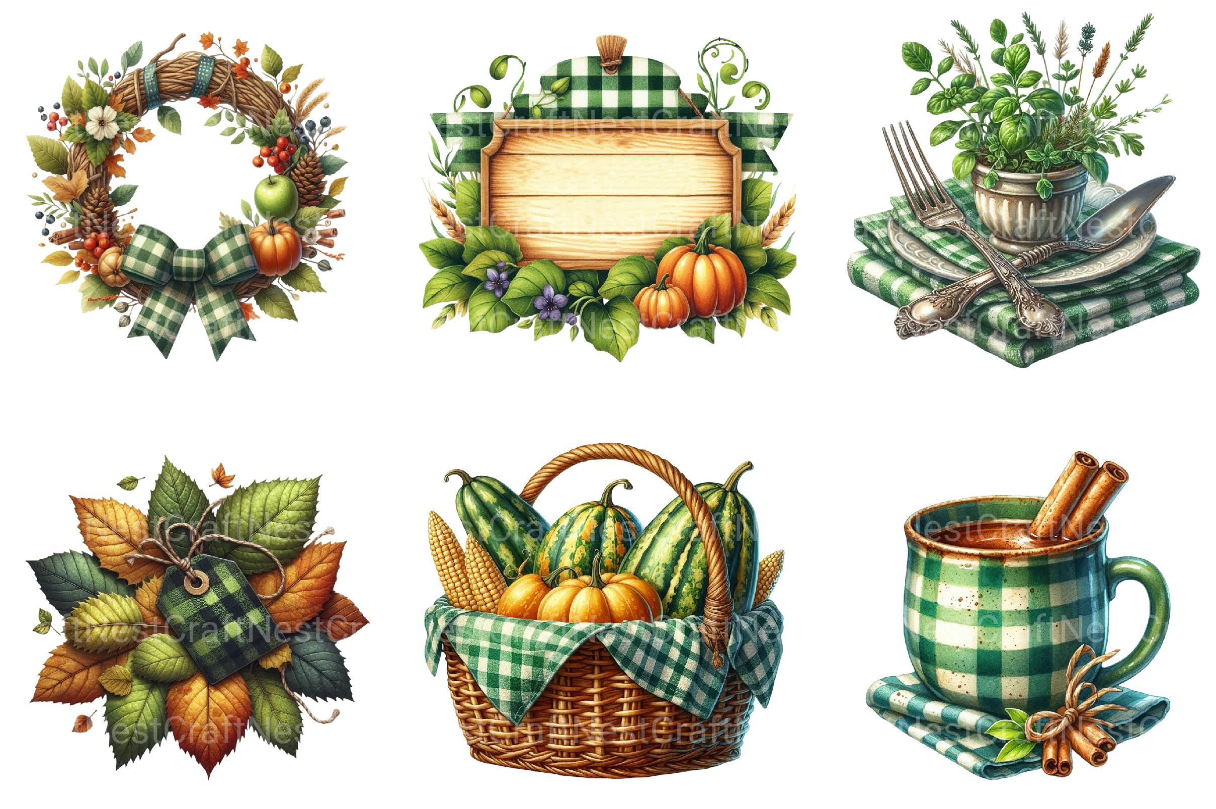 Green Gingham Autumn Clipart - CraftNest - Digital Crafting and Art