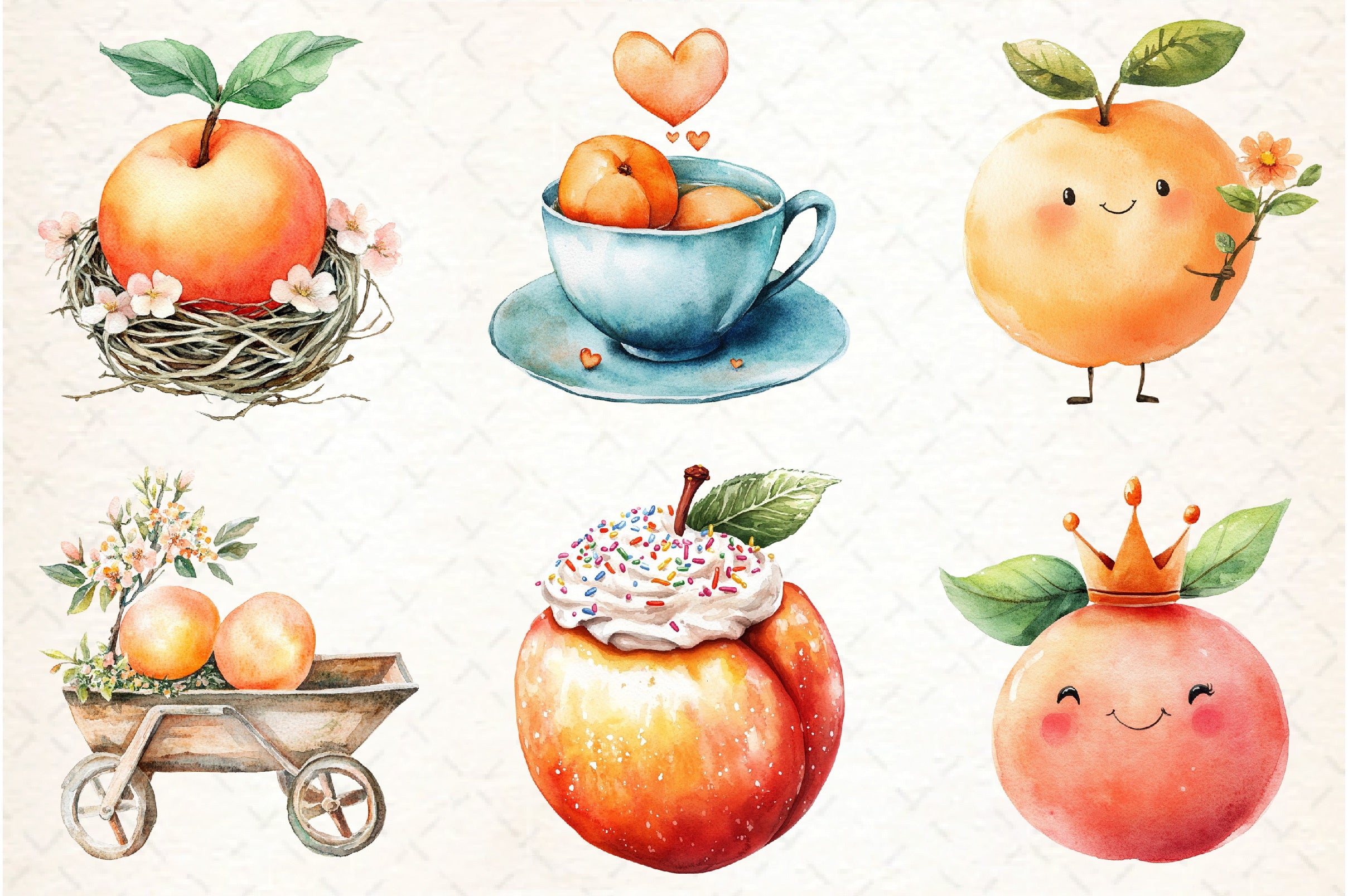 Cute Peaches Garden Fruit Clipart Bundle