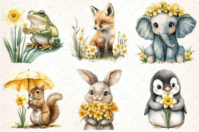 Cute Animals with Daffodils Clipart Bundle - CraftNest - Digital Crafting and Art