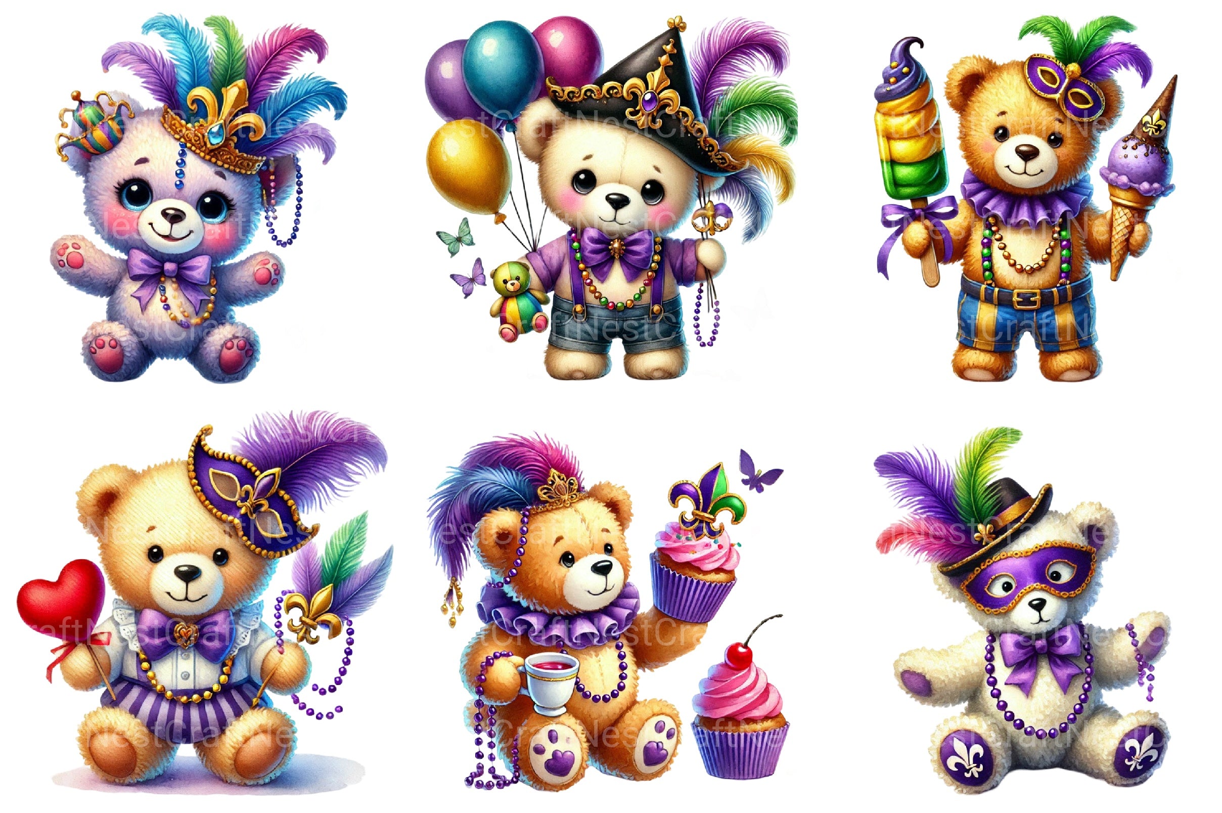 Mardi Gras Teddy Bear Clipart Bundle - CraftNest - Digital Crafting and Art