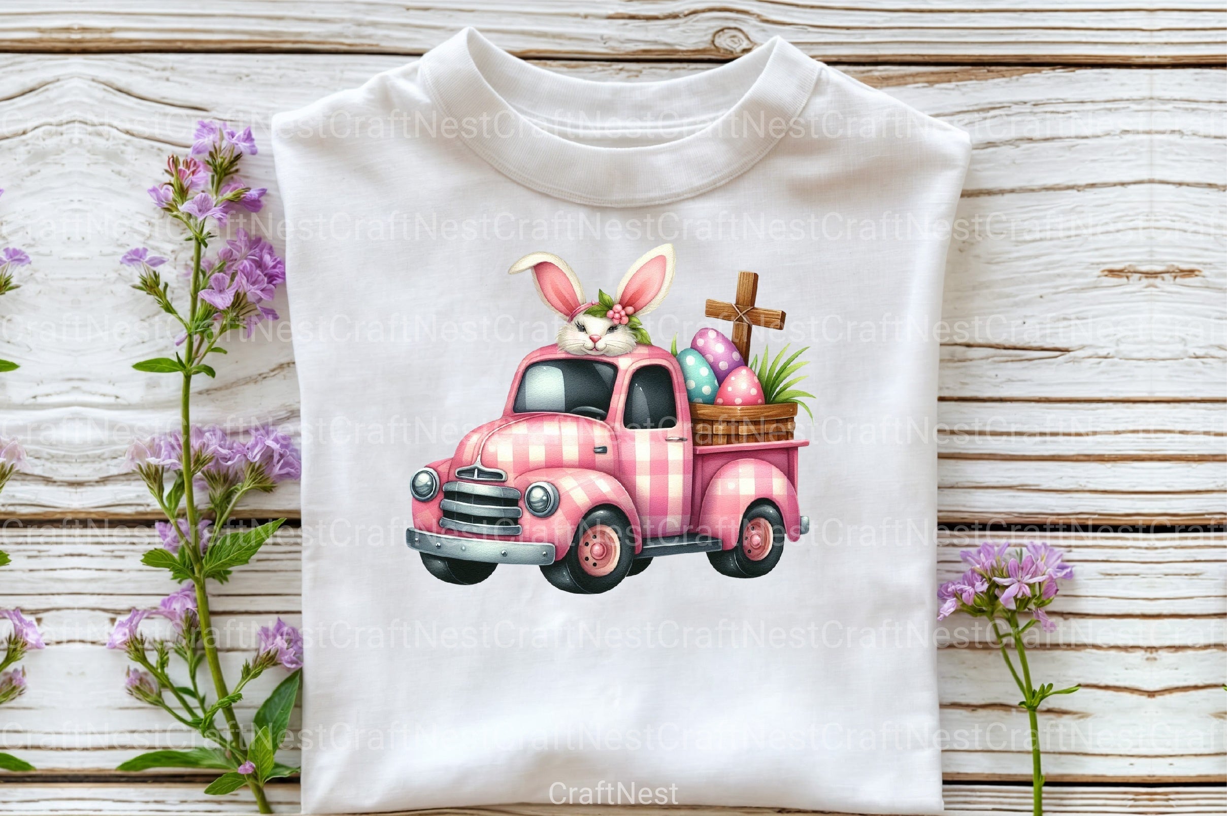 Pink Checkered Truck with Bunny Ears Clipart Bundle 2 - CraftNest - Digital Crafting and Art