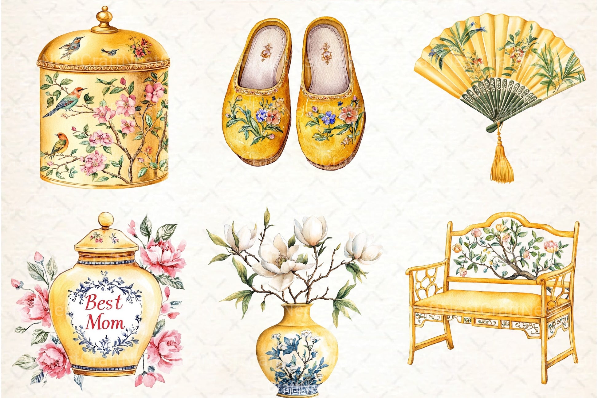 Yellow Chinoiserie Mother's Day Clipart Bundle 3 - CraftNest - Digital Crafting and Art