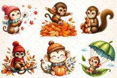 Cute Autumn Monkey Clipart Bundle - CraftNest - Digital Crafting and Art