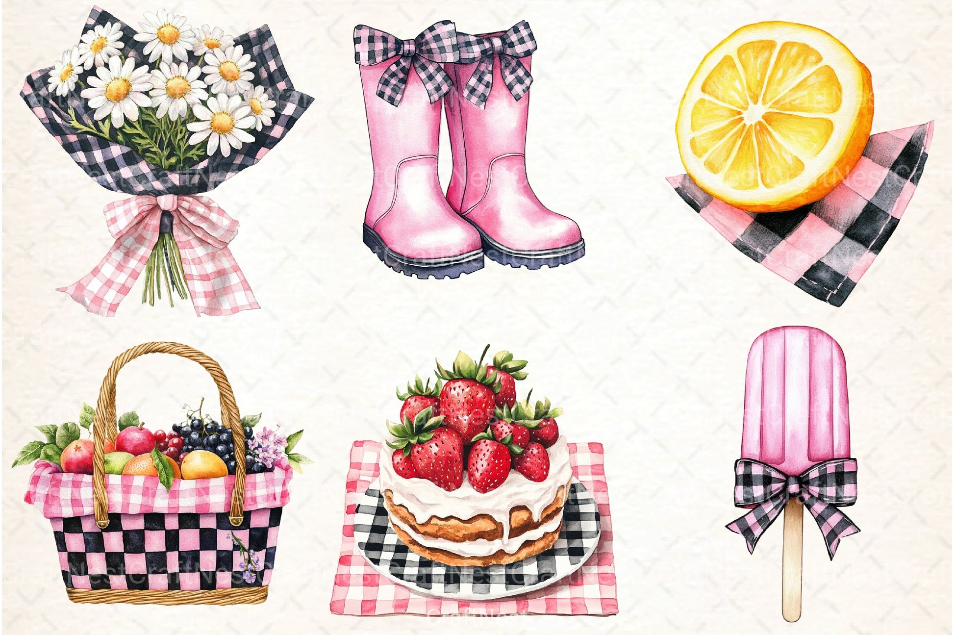 Black and Pink Gingham Summer Clipart Bundle 2 - CraftNest - Digital Crafting and Art