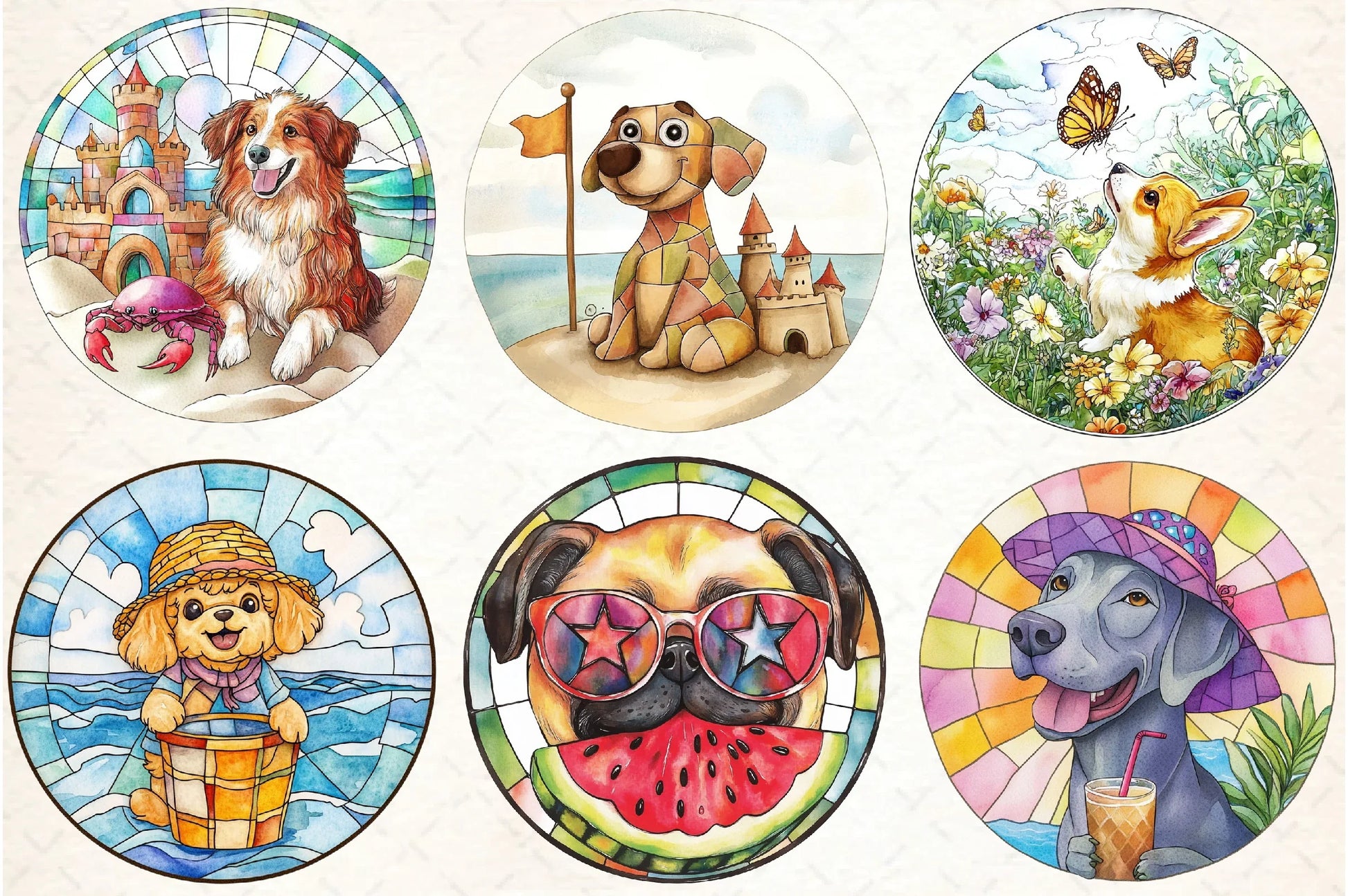 Round Stained Glass Summer Dog Clipart Bundle - CraftNest - Digital Crafting and Art