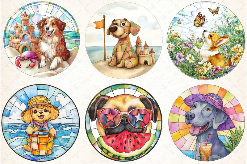 Round Stained Glass Summer Dog Clipart Bundle - CraftNest - Digital Crafting and Art