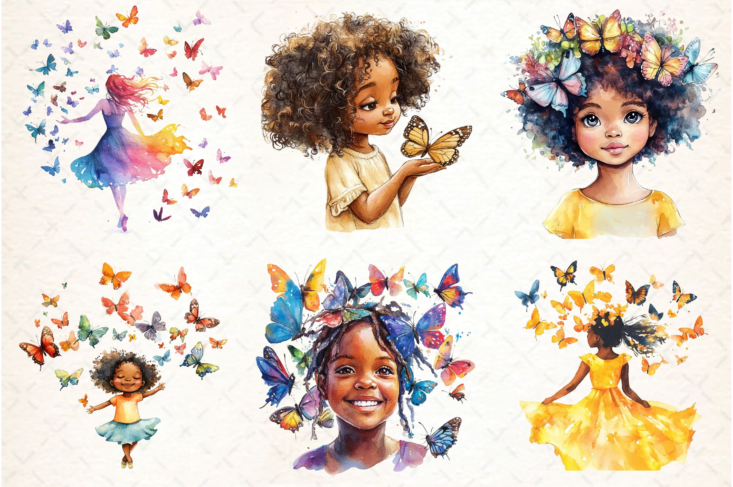 African American Girl with Butterflies Clipart Bundle