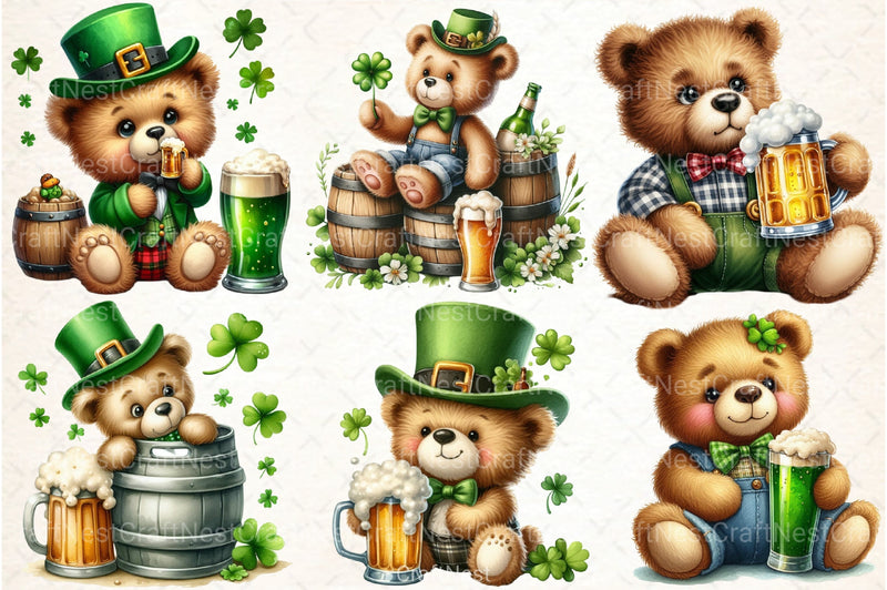 St. Patrick's Day Teddy Bear Drinking Beer Clipart Bundle - CraftNest - Digital Crafting and Art