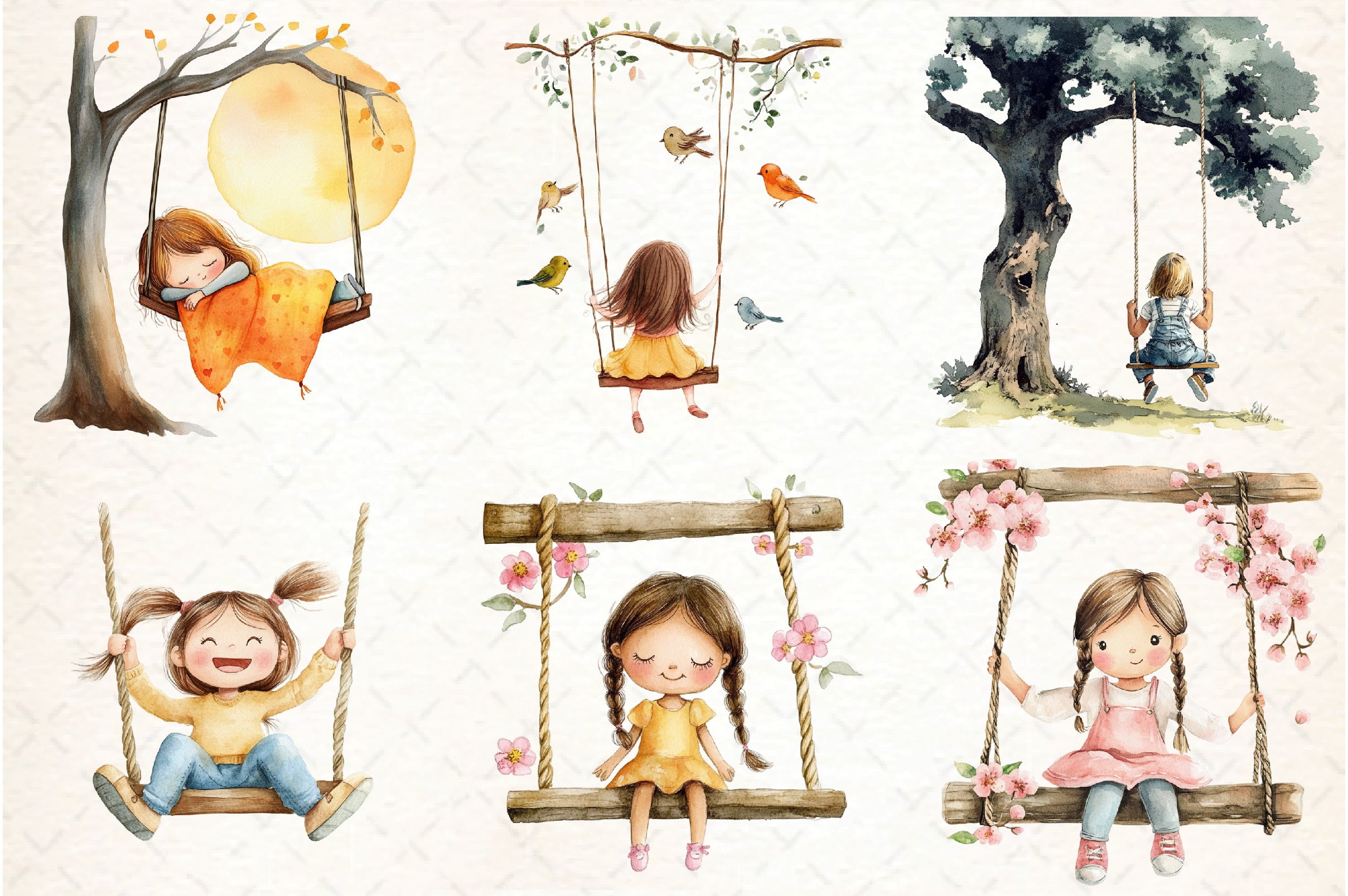 Cute Girl on Swing Clipart Bundle
